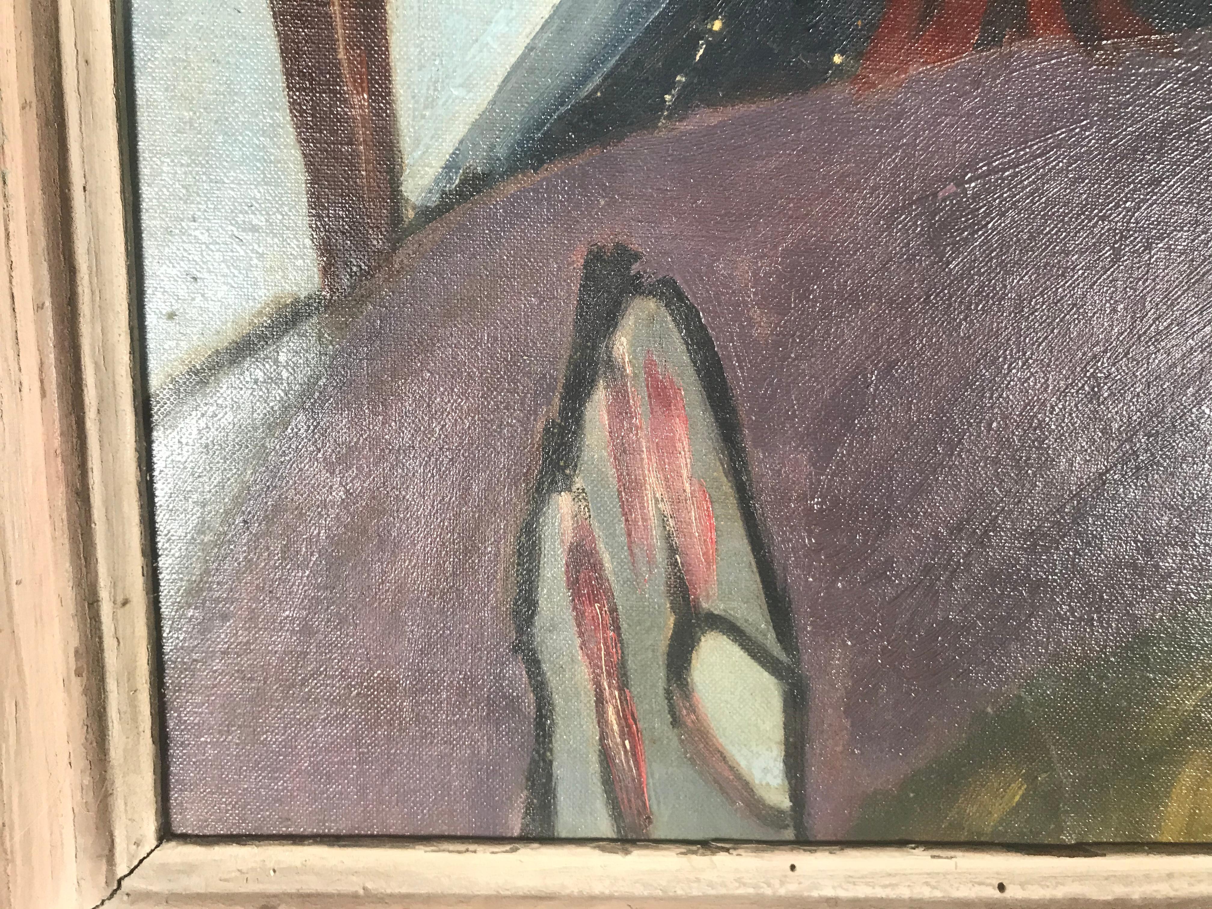 1940s modernist painting. Oil on board in the manner of Arthur Dove, wonderful period painting, very well executed. Original Perion worm wood frame. Labeled on the back Arthur Dove but I am assuming its an attribution, hence the price.