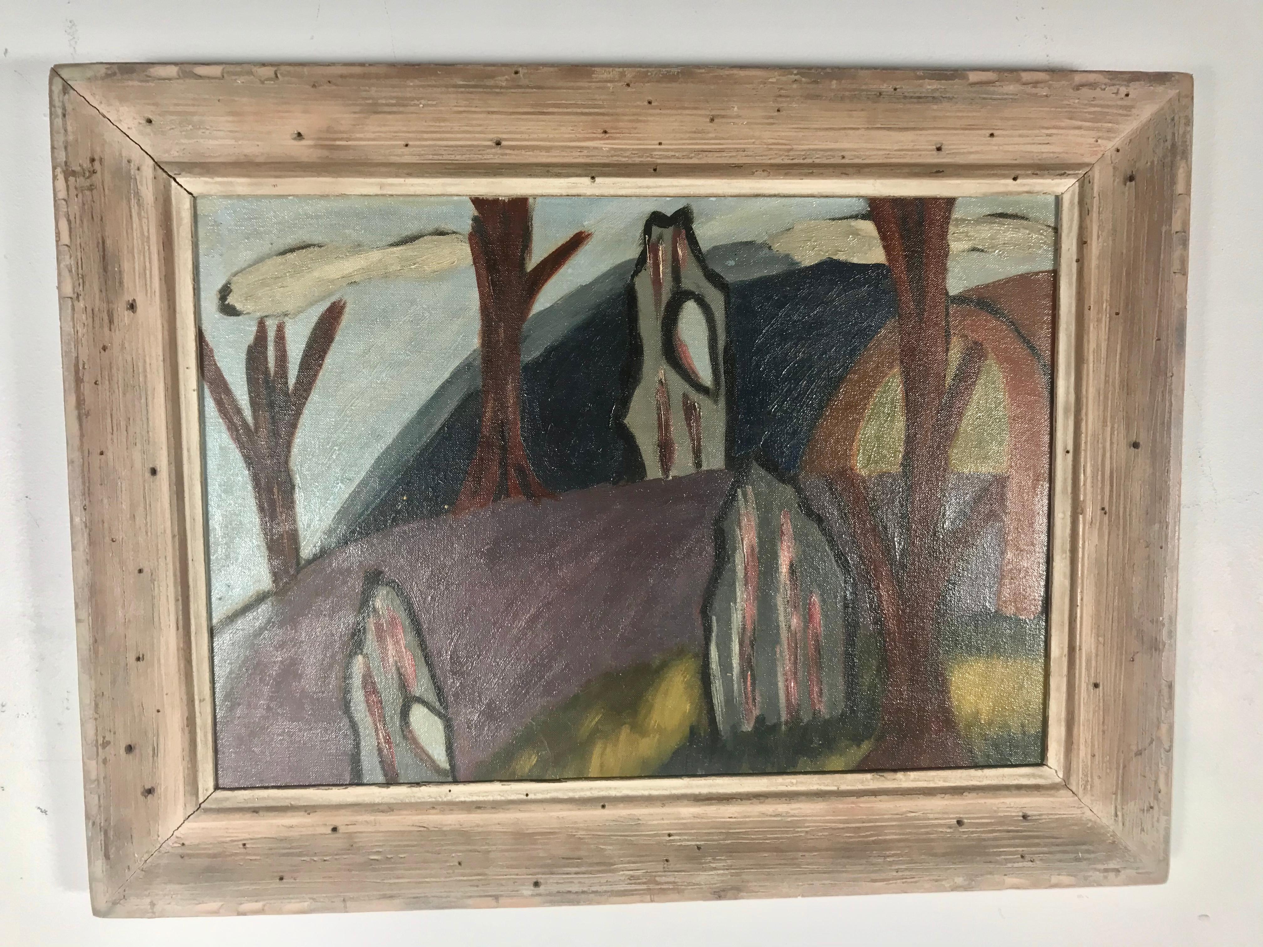 Hand-Painted 1940s Modernist Painting, Oil on Board in the Manner of Arthur Dove