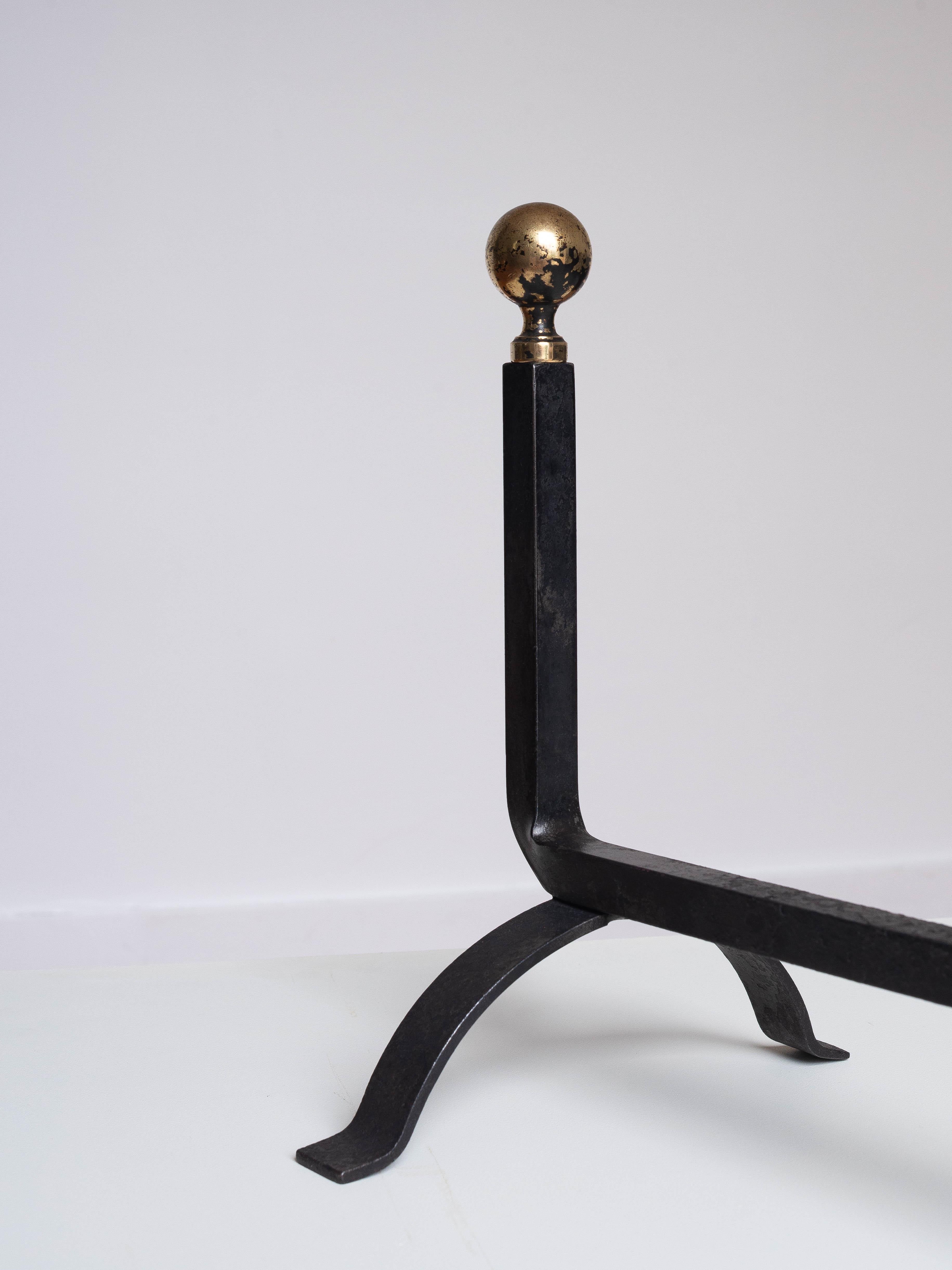 1940s Modernist Wrought Iron and Brass Andirons - Jacques Adnet Style - France For Sale 2