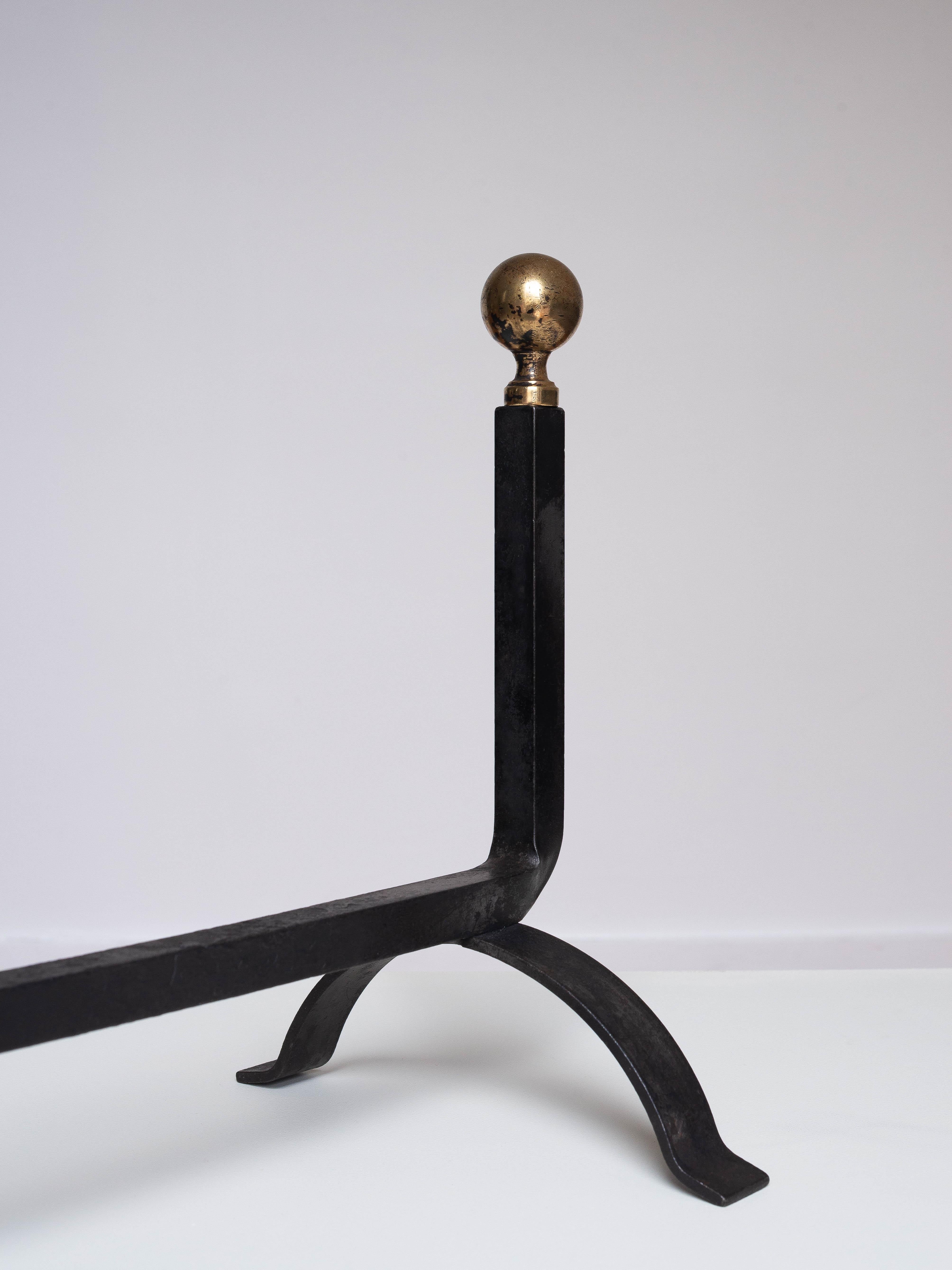 1940s Modernist Wrought Iron and Brass Andirons - Jacques Adnet Style - France For Sale 3