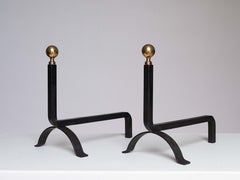 1940s Modernist Wrought Iron and Brass Andirons - Jacques Adnet Style - France
