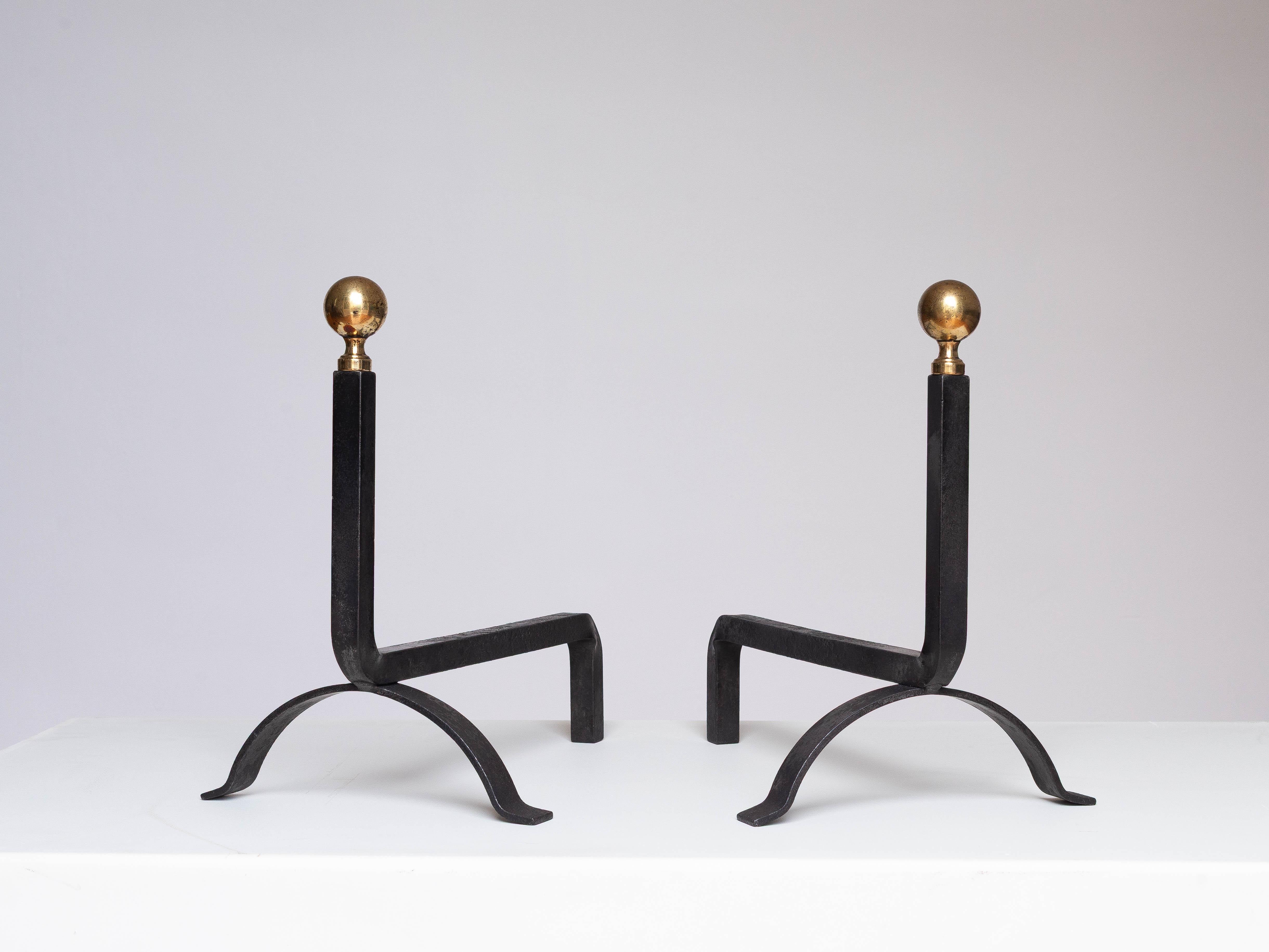 Mid-Century Modern 1940s Modernist Wrought Iron and Brass Andirons - Jacques Adnet Style - France For Sale