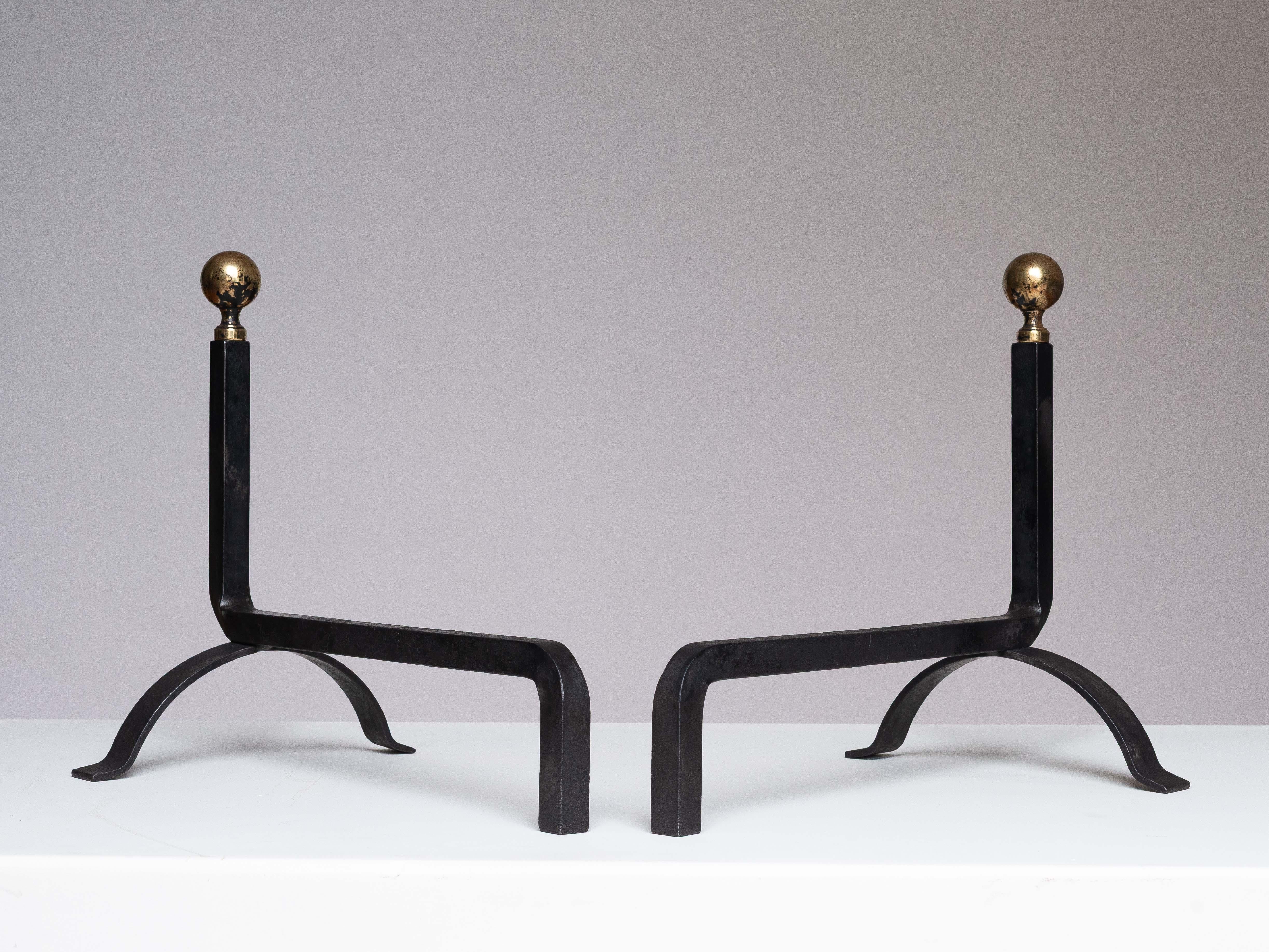 French 1940s Modernist Wrought Iron and Brass Andirons - Jacques Adnet Style - France For Sale