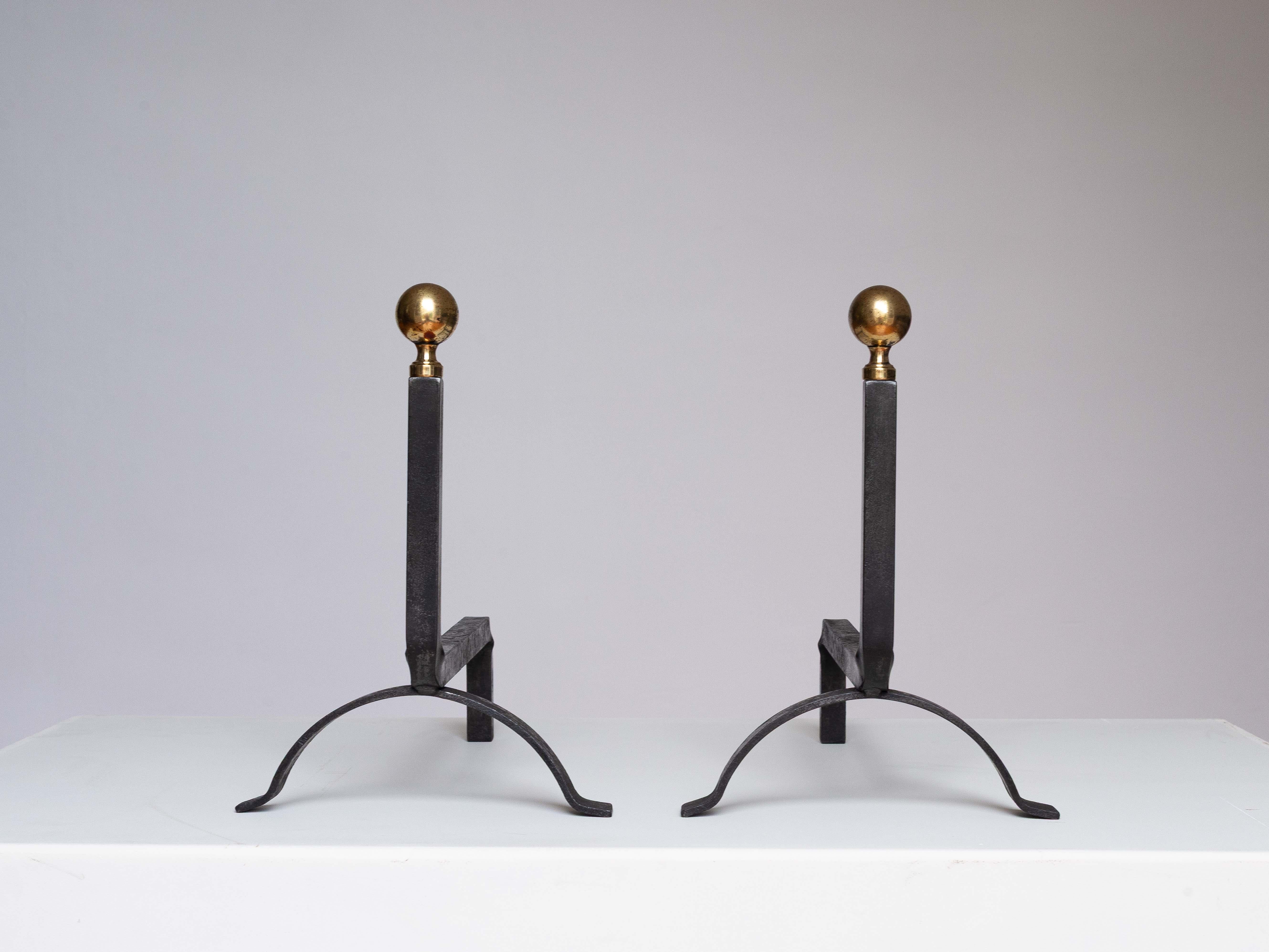 Cast 1940s Modernist Wrought Iron and Brass Andirons - Jacques Adnet Style - France For Sale