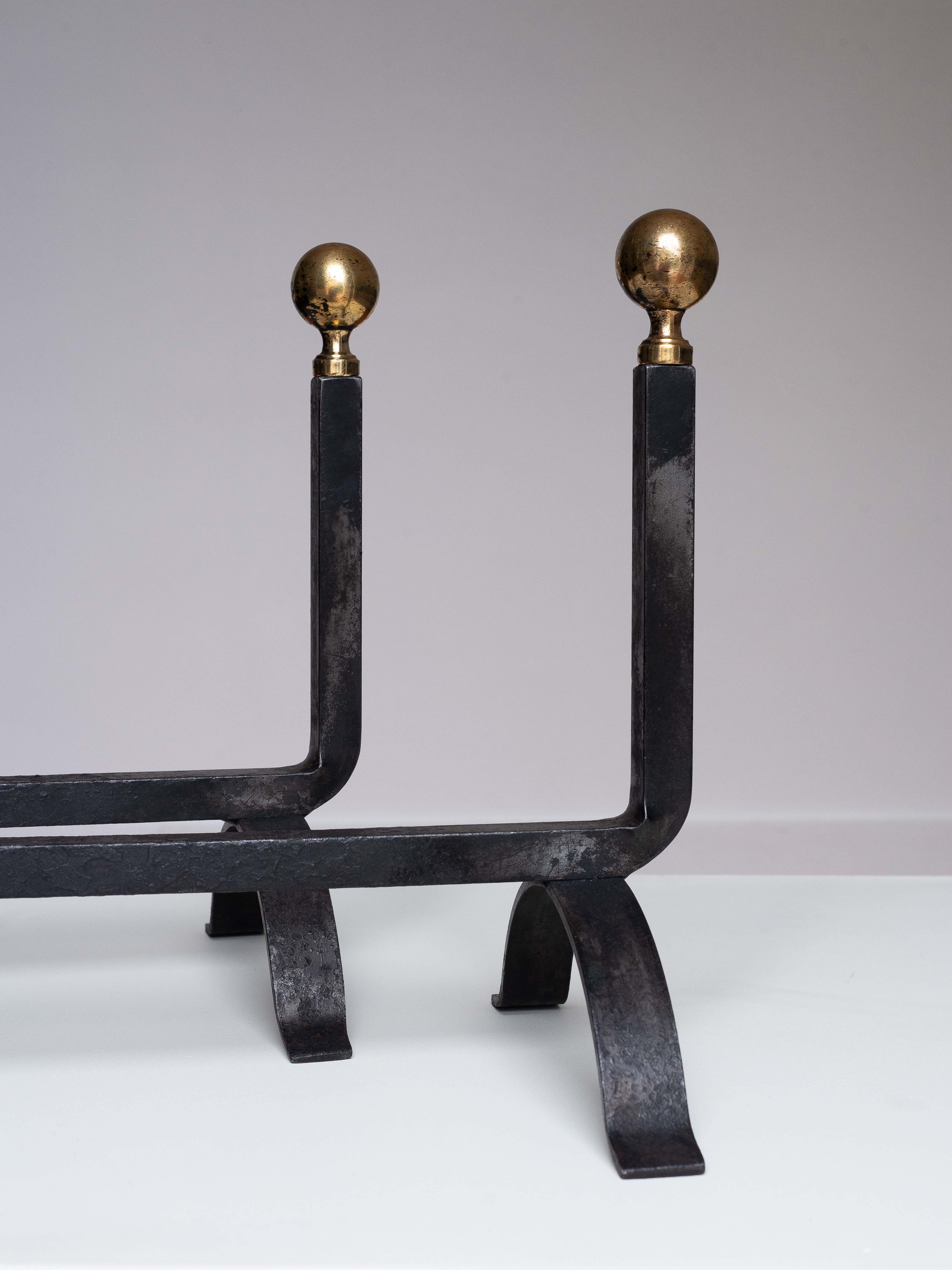 20th Century 1940s Modernist Wrought Iron and Brass Andirons - Jacques Adnet Style - France For Sale