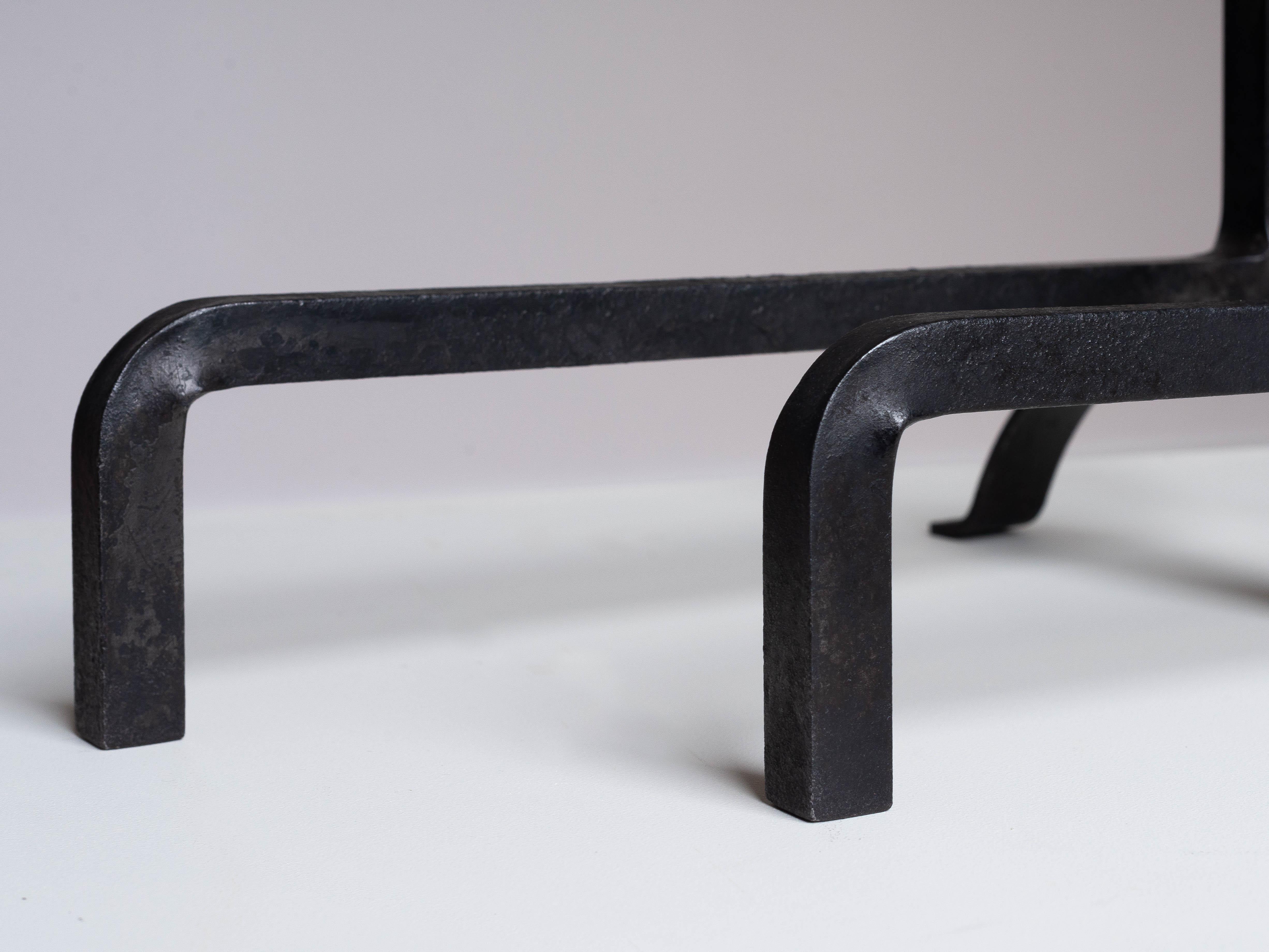 Metal 1940s Modernist Wrought Iron and Brass Andirons - Jacques Adnet Style - France For Sale