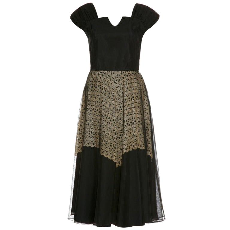 1940’s Monica Black Dress With Cream Guipure Lace Underlay For Sale