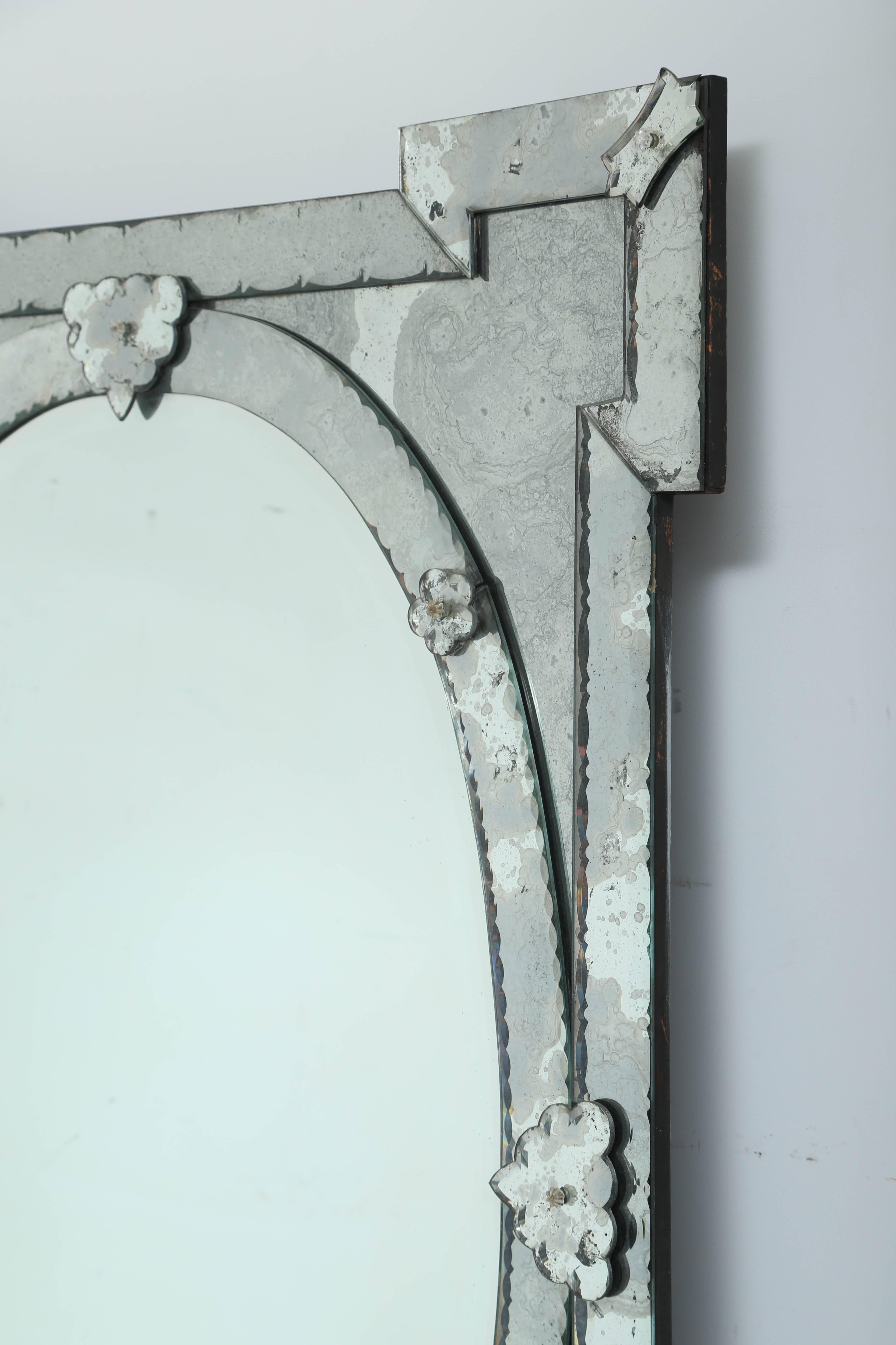 Beveled 1940s Monumental Venetian Mirror with Hand Etched Designs