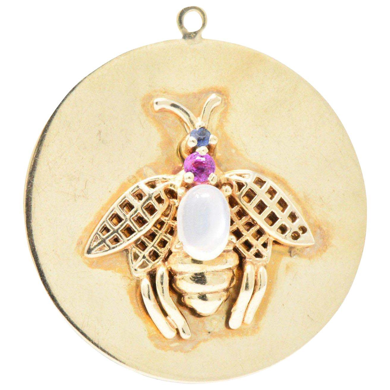 1940s Moonstone Sapphire Pink Sapphire 14 Karat Gold Large Insect Charm