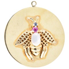 1940s Moonstone Sapphire Pink Sapphire 14 Karat Gold Large Insect Charm