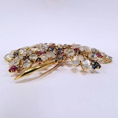 1940s Moonstone Sapphire Ruby Diamond and Gold Flower Brooch