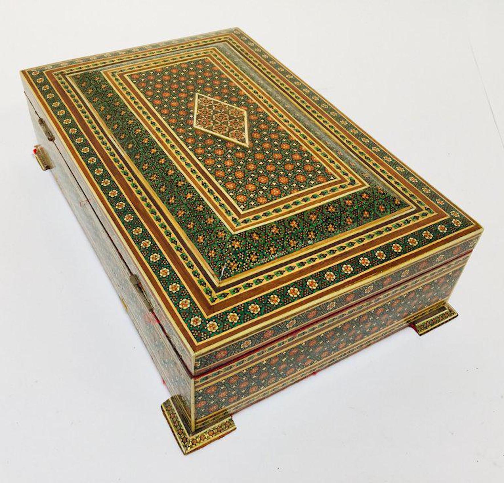 1940s Moorish Anglo-Indian Jewelry Mosaic Khatam Inlaid Box 1