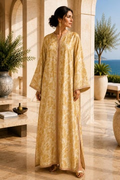 1940s Moroccan Antique Caftan Gold Damask Embroidered Caftan Maxi Dress