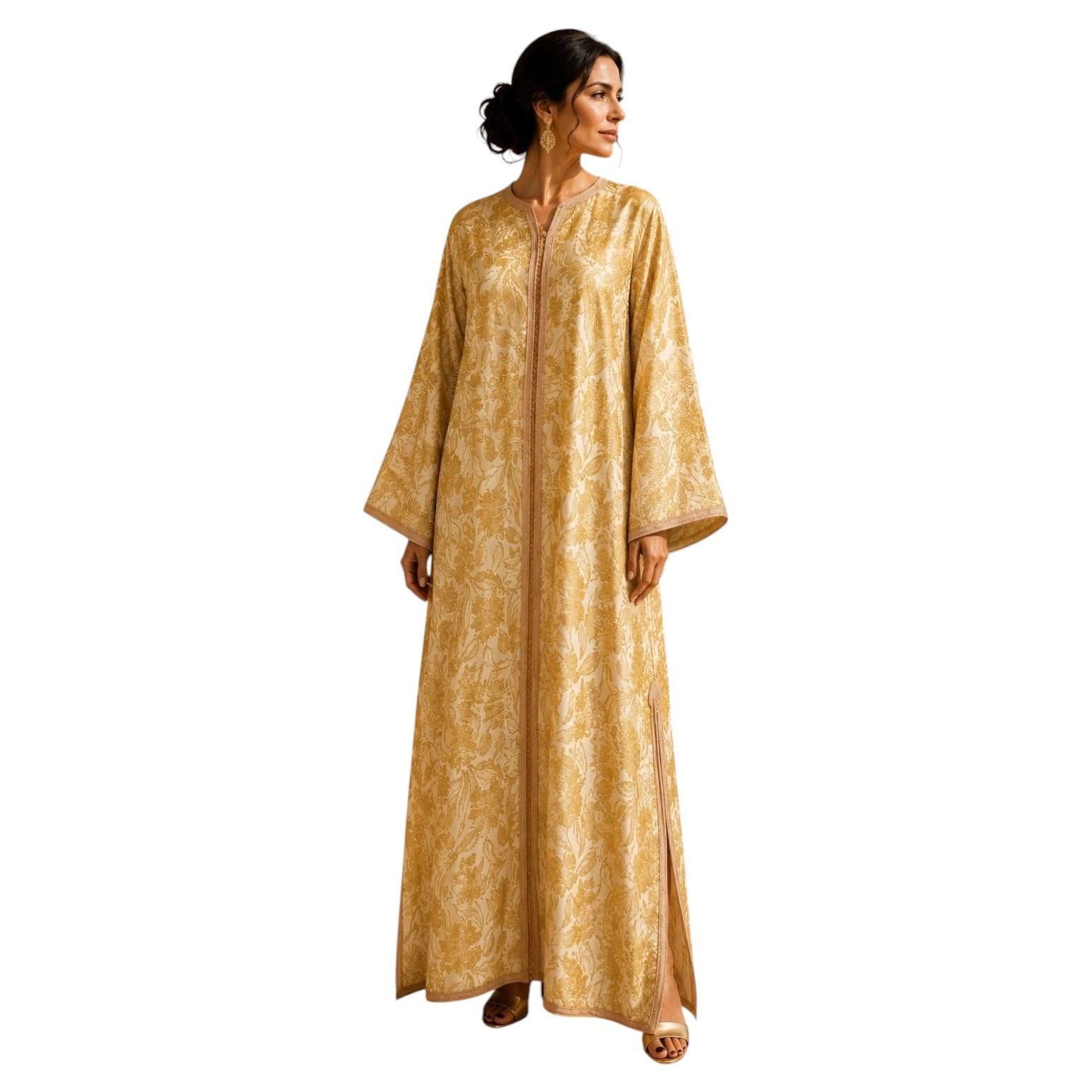 1940s Moroccan Antique Caftan Gold Damask Embroidered Caftan Maxi Dress