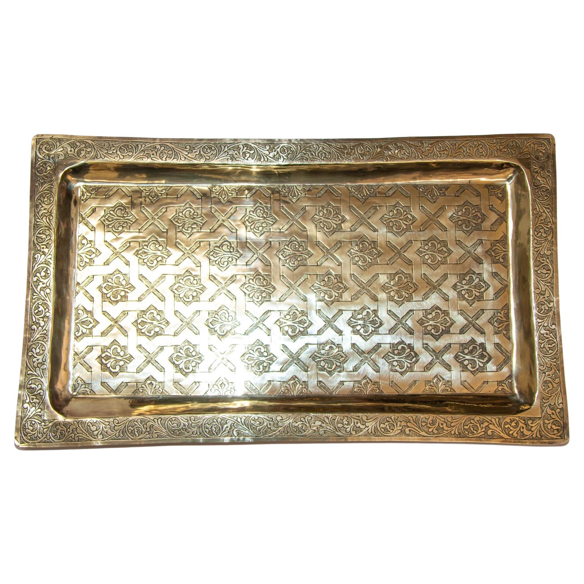 1940s Moroccan Brass Tray Rectangular Shape Polished Gold Brass Serving Platter For Sale