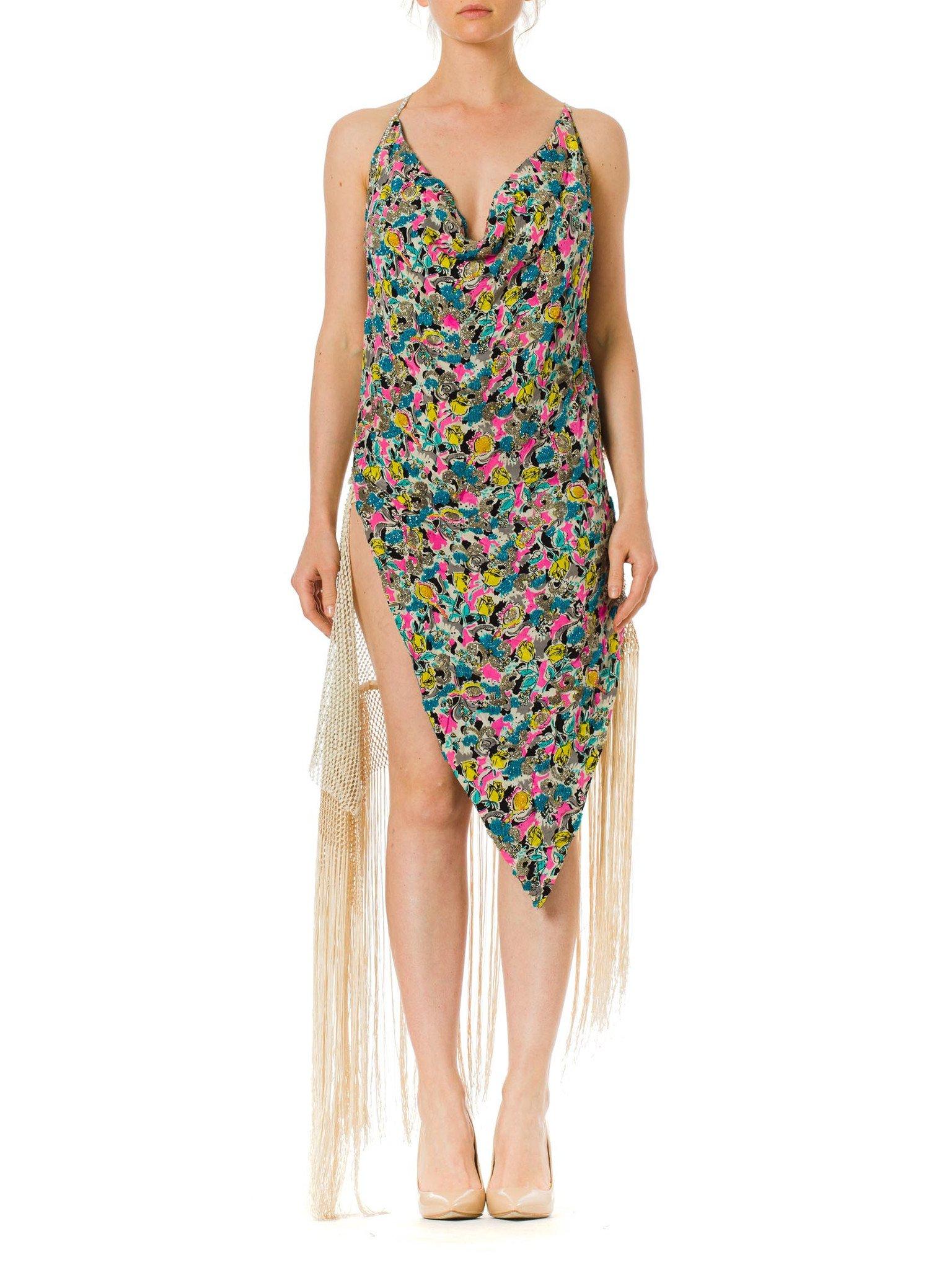 MORPHEW COLLECTION Floral Printed Cocktail Dress Made Of 1940S Beaded Silk And 1930S Fringed Mesh