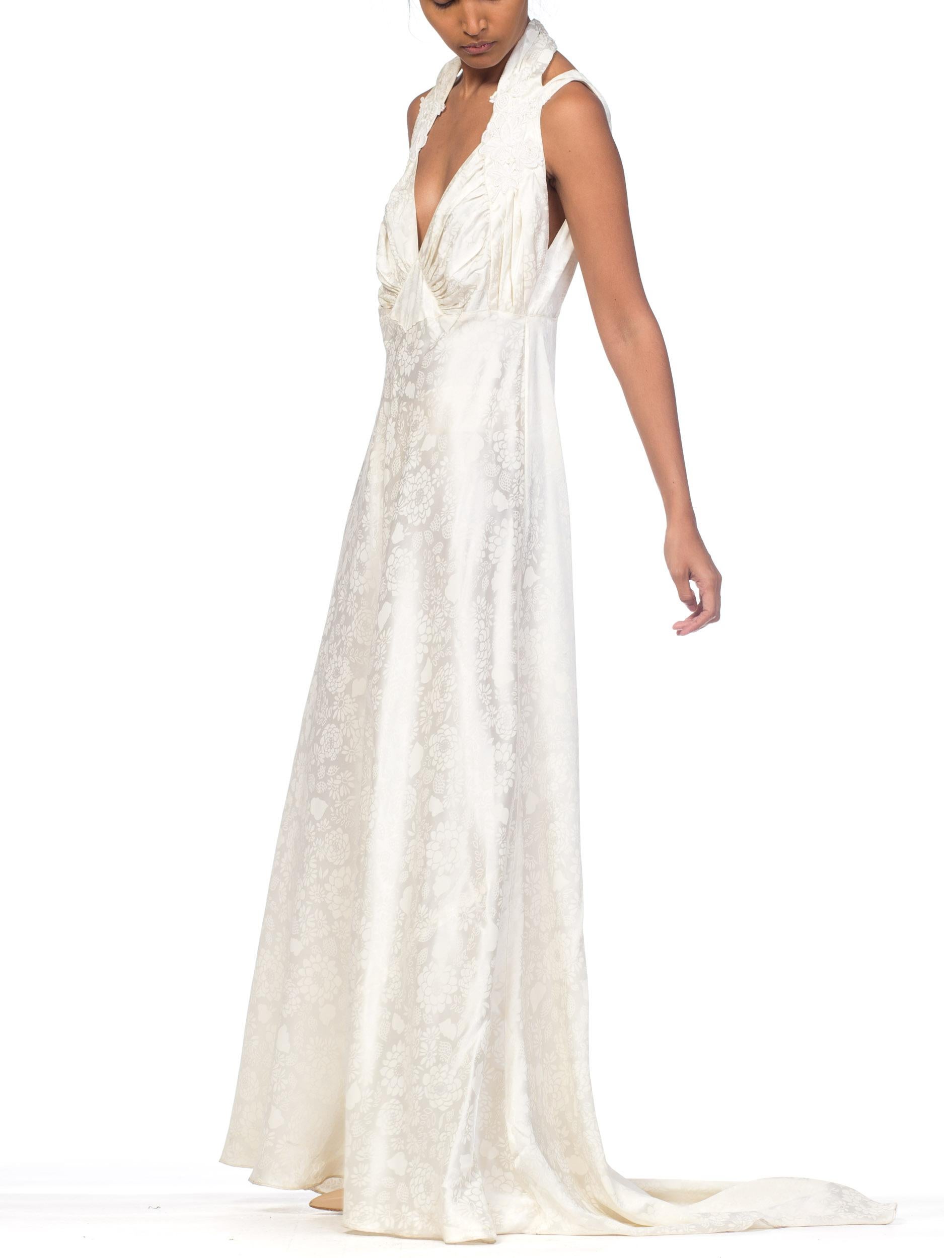 White MORPHEW COLLECTION Ivory Floral Rayon Satin Bias Cut  Gown With Lace Trim & Tra
