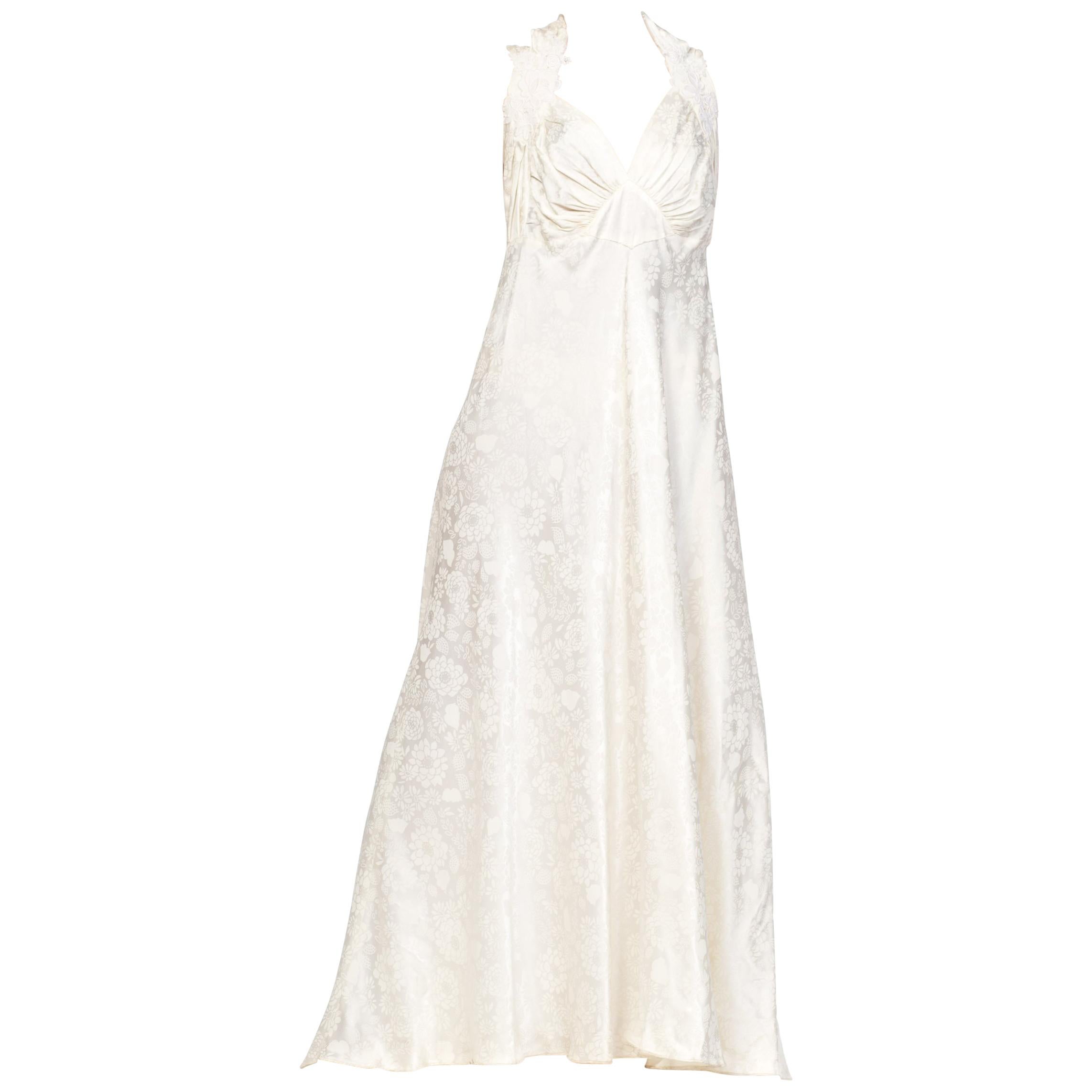MORPHEW COLLECTION Ivory Floral Rayon Satin Bias Cut  Gown With Lace Trim & Tra