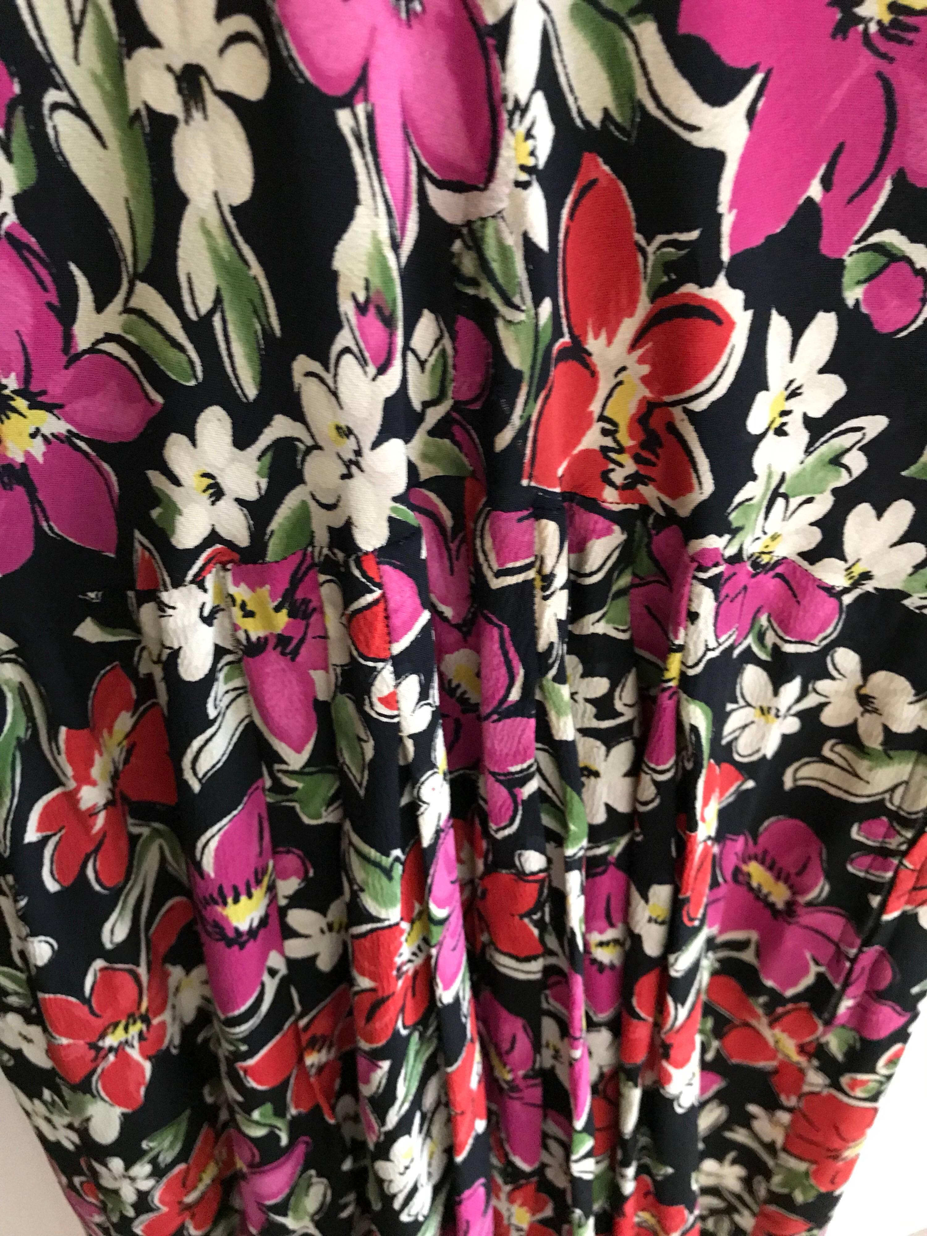 1940s Multicolor Floral Print Rayon Dress For Sale 2