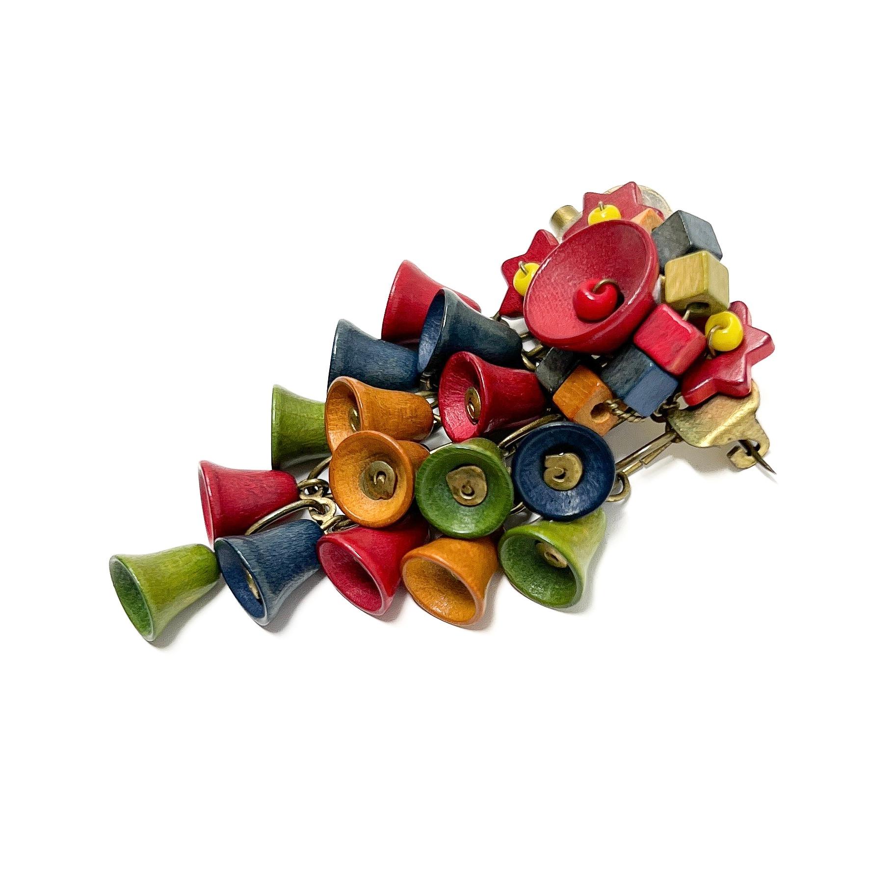 Women's 1940s Multi-Coloured Wooden Bells and Stars Vintage Cascade Brooch For Sale