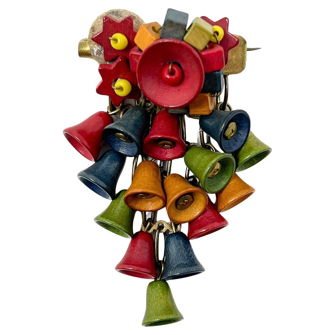 1940s Multi-Coloured Wooden Bells and Stars Vintage Cascade Brooch For Sale