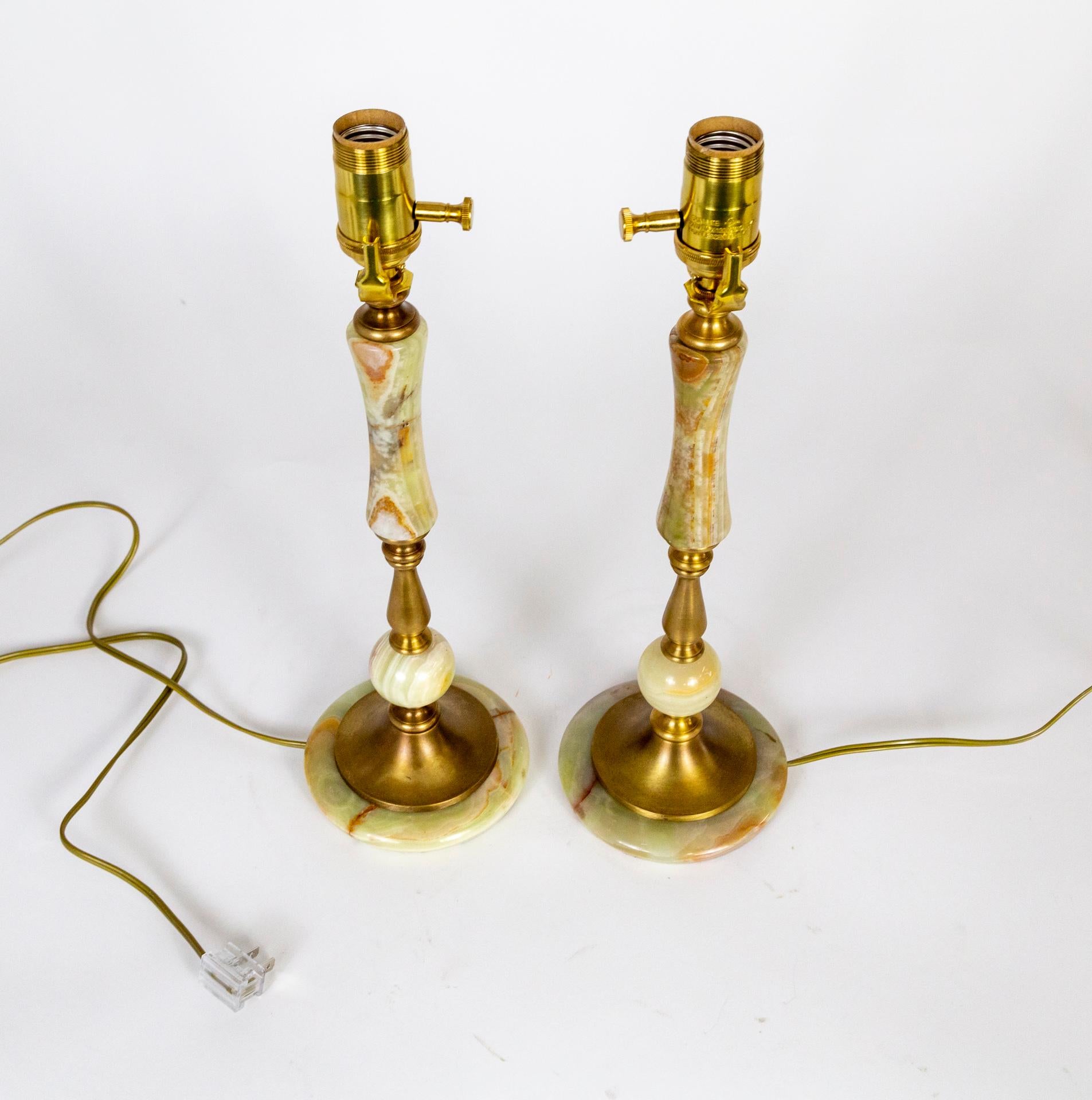 1940s Multi Green Onyx & Brass Table Lamps 'Pair' For Sale 5