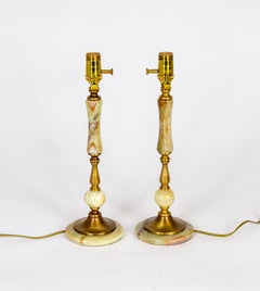 1940s Multi Green Onyx & Brass Table Lamps 'Pair'