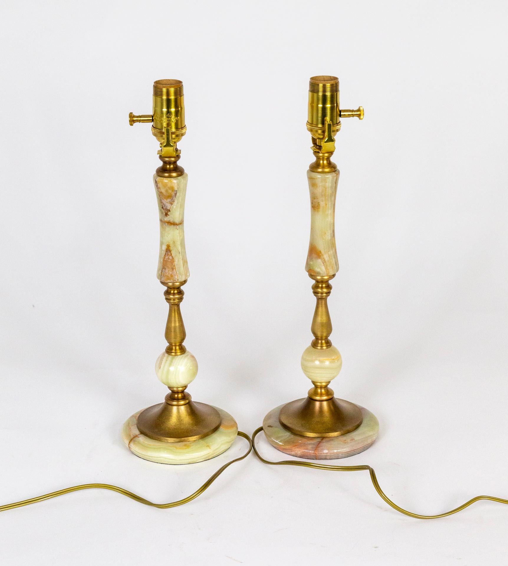1940s Multi Green Onyx & Brass Table Lamps 'Pair' In Good Condition For Sale In San Francisco, CA