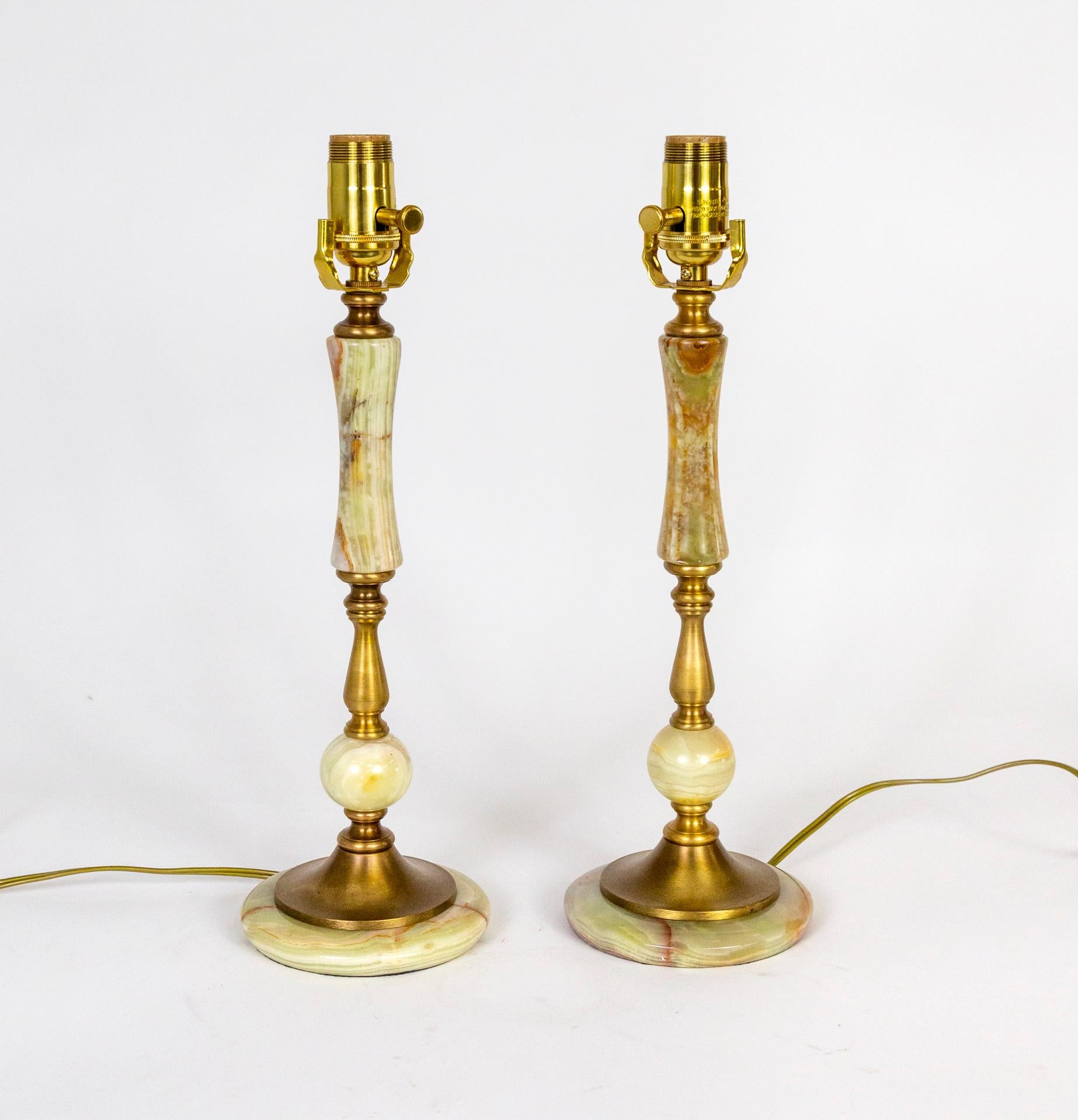 Mid-20th Century 1940s Multi Green Onyx & Brass Table Lamps 'Pair' For Sale