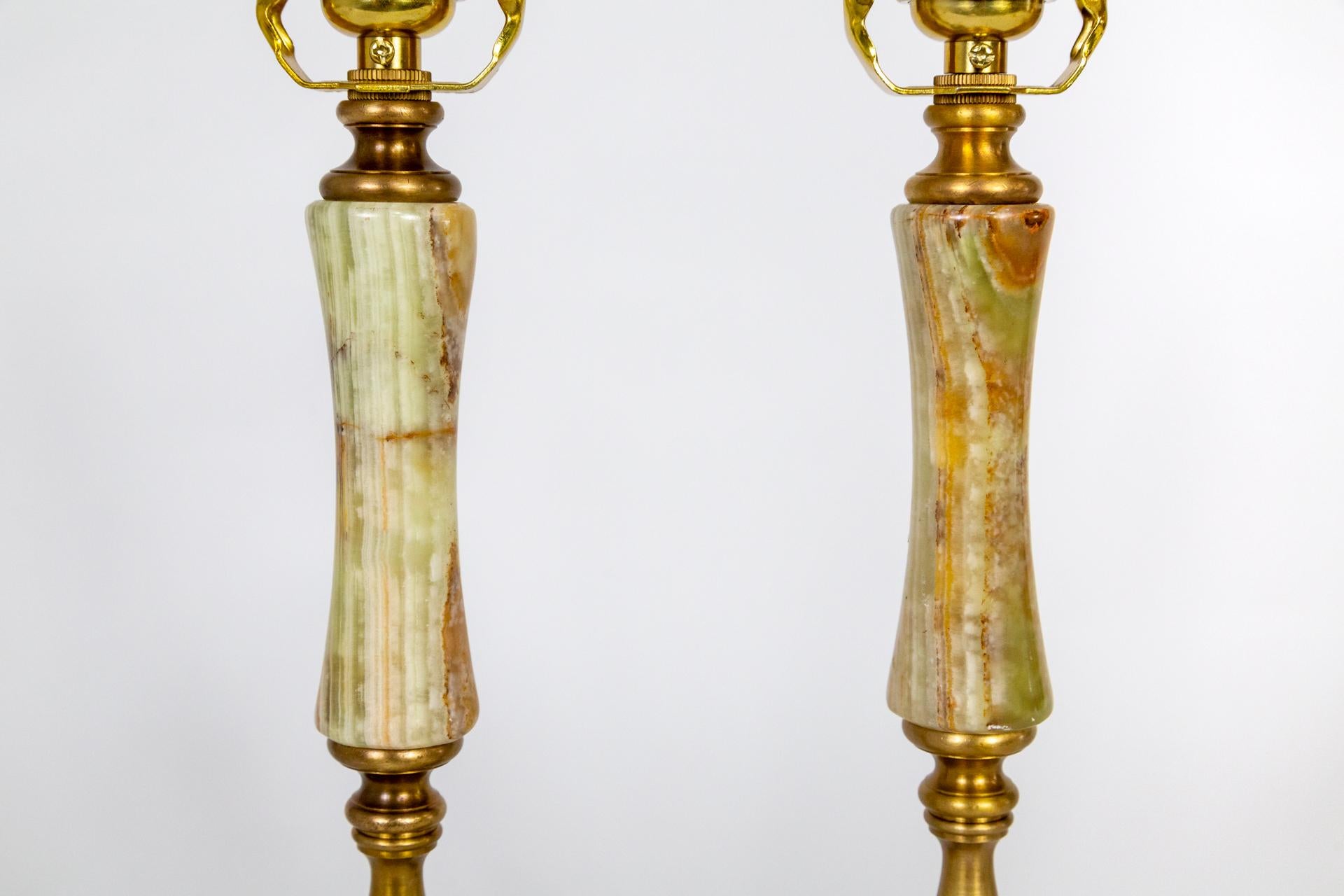 1940s Multi Green Onyx & Brass Table Lamps 'Pair' For Sale 3