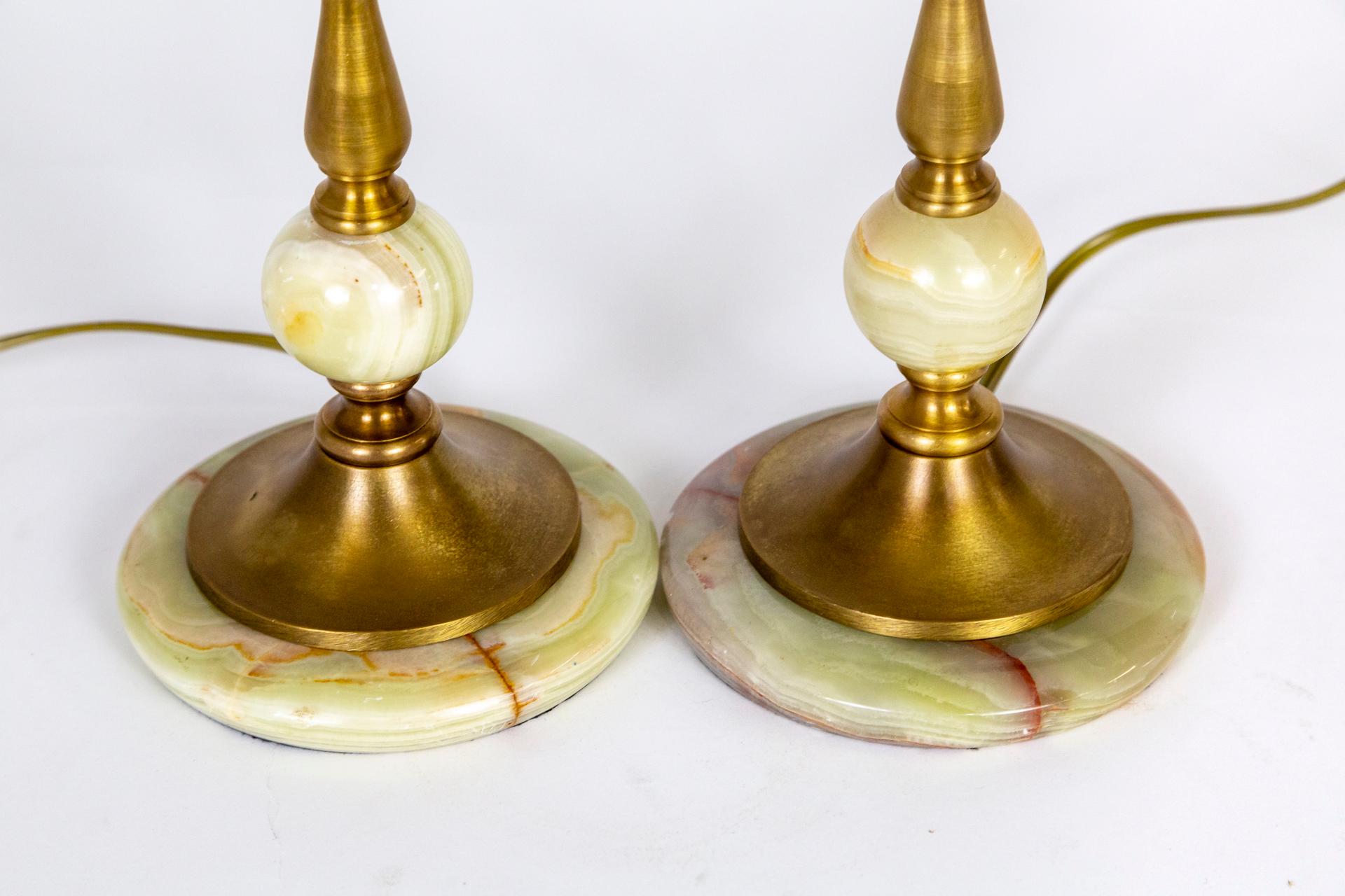 1940s Multi Green Onyx & Brass Table Lamps 'Pair' For Sale 4