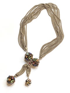 1940s Multi Strand Silver Chain Necklace with Rhinestone Ball Pendants