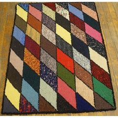 1940s Multicolor Jewel Tones Folk Art Geometric Antique American Hooked Wool Rug