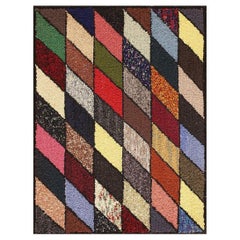 1940s Multicolor Jewel Tones Folk Art Geometric Antique American Hooked Wool Rug