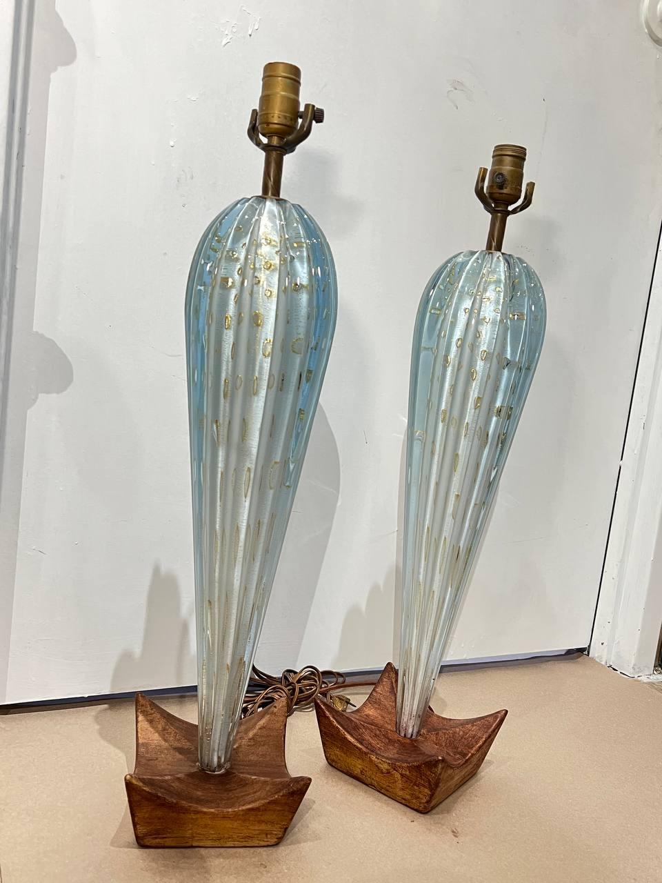 A circa 1940's Murano Glass bright blue and gold table lamps with unusual wooden base