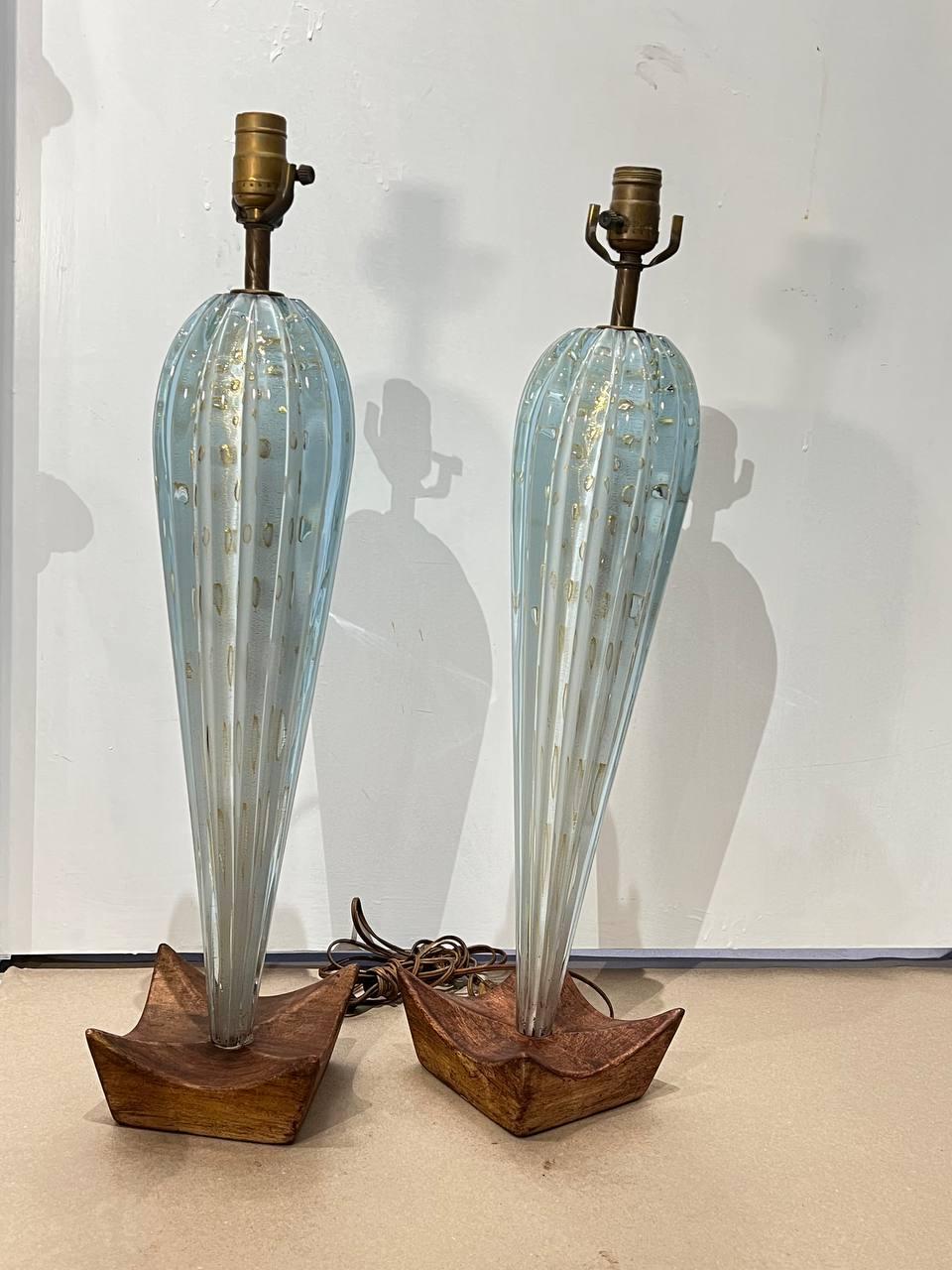 1940's Murano Blue Glass Table Lamps - Pair In Good Condition For Sale In New York, NY