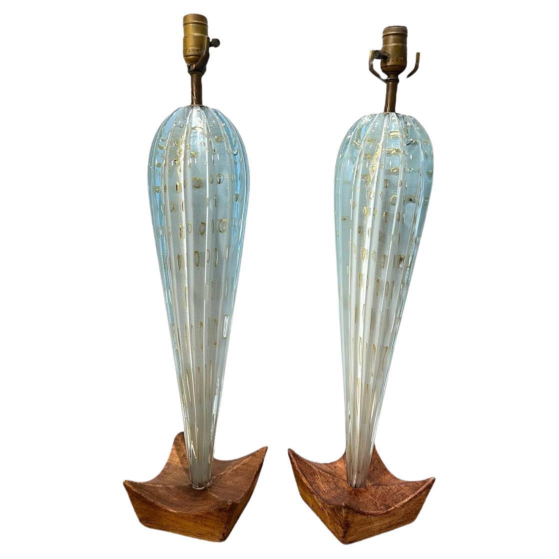 1940's Murano Blue Glass Table Lamps - Pair For Sale