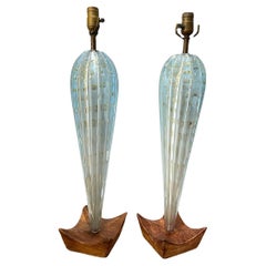 Paire de lampes de table en verre bleu de Murano des années 1940 