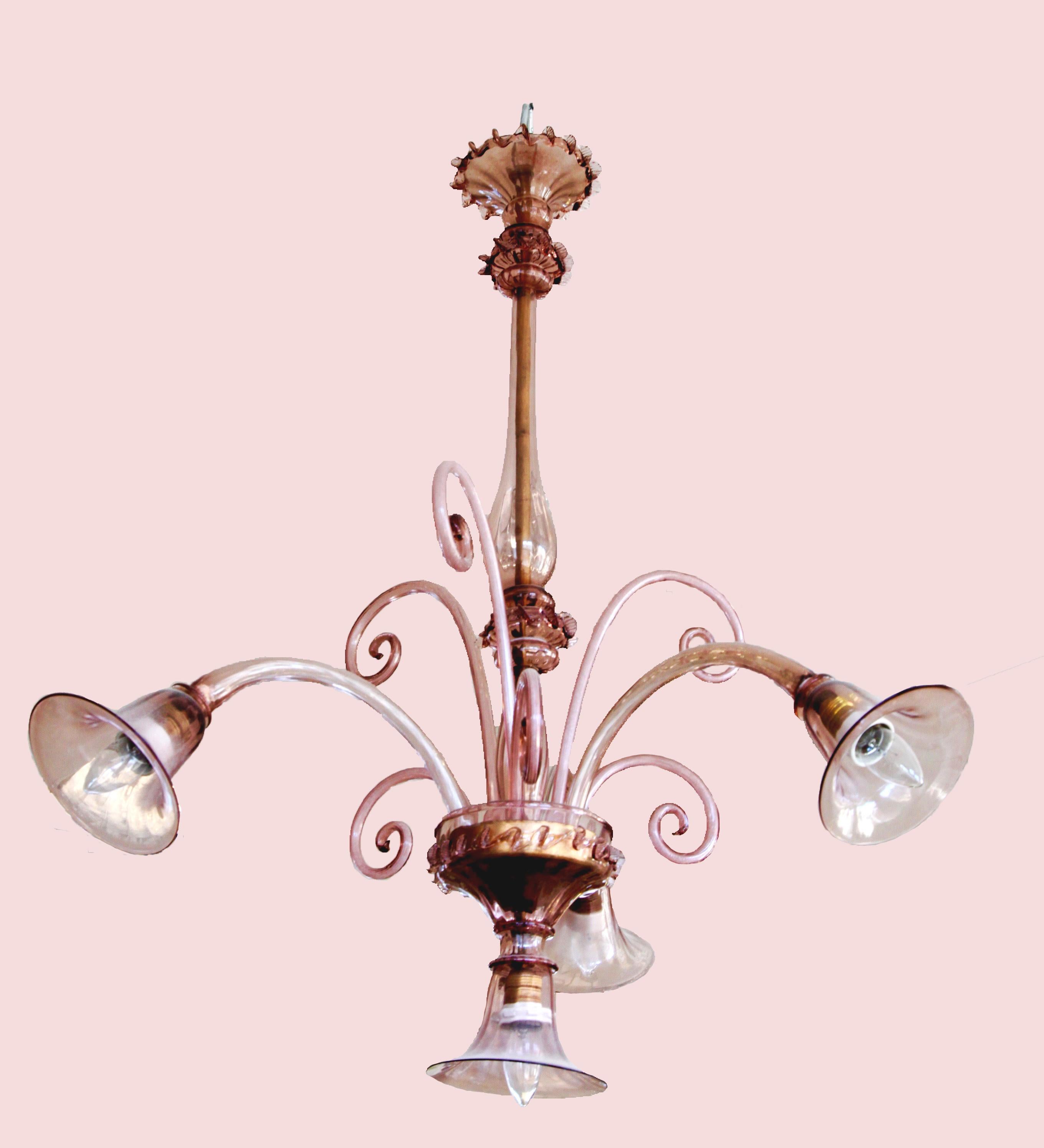 An elegant midcentury amethyst colored Murano chandelier in a romantic mauve hand blown tinted glass.
