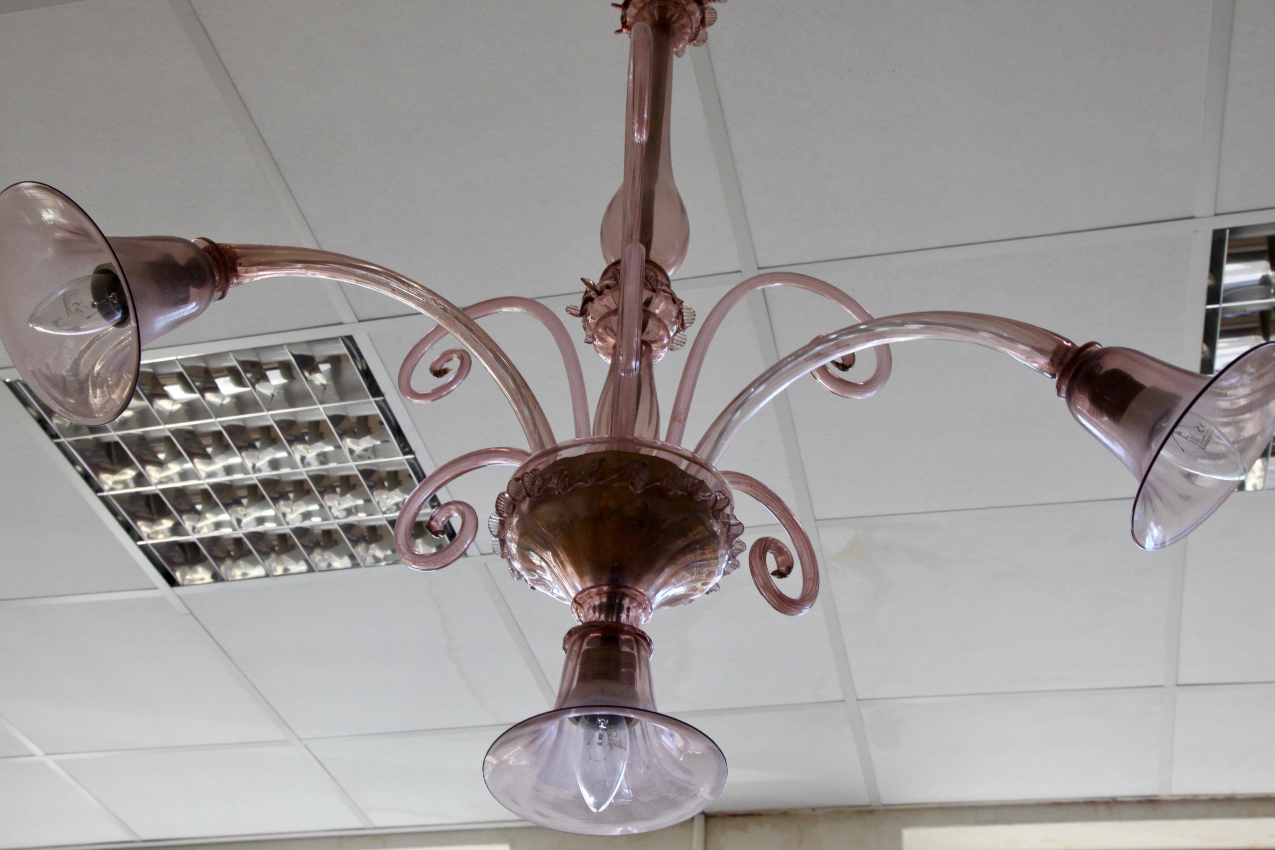 1940s Murano Chandelier, Hand Blown Amethyst Colored Glass In Good Condition For Sale In London, Park Royal