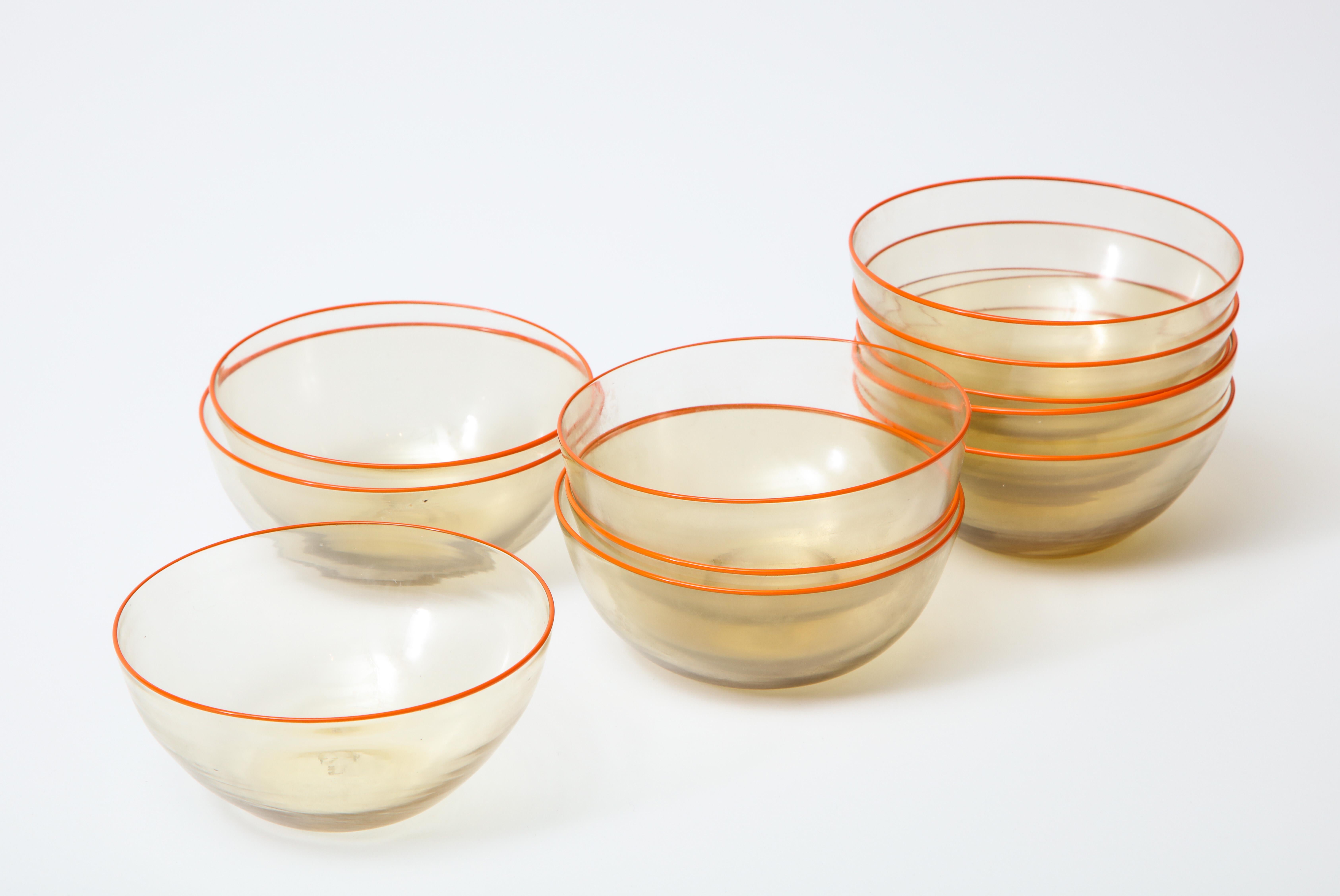 1940s Murano Clear Glass Bowls with Orange Rim, Set of 11 3
