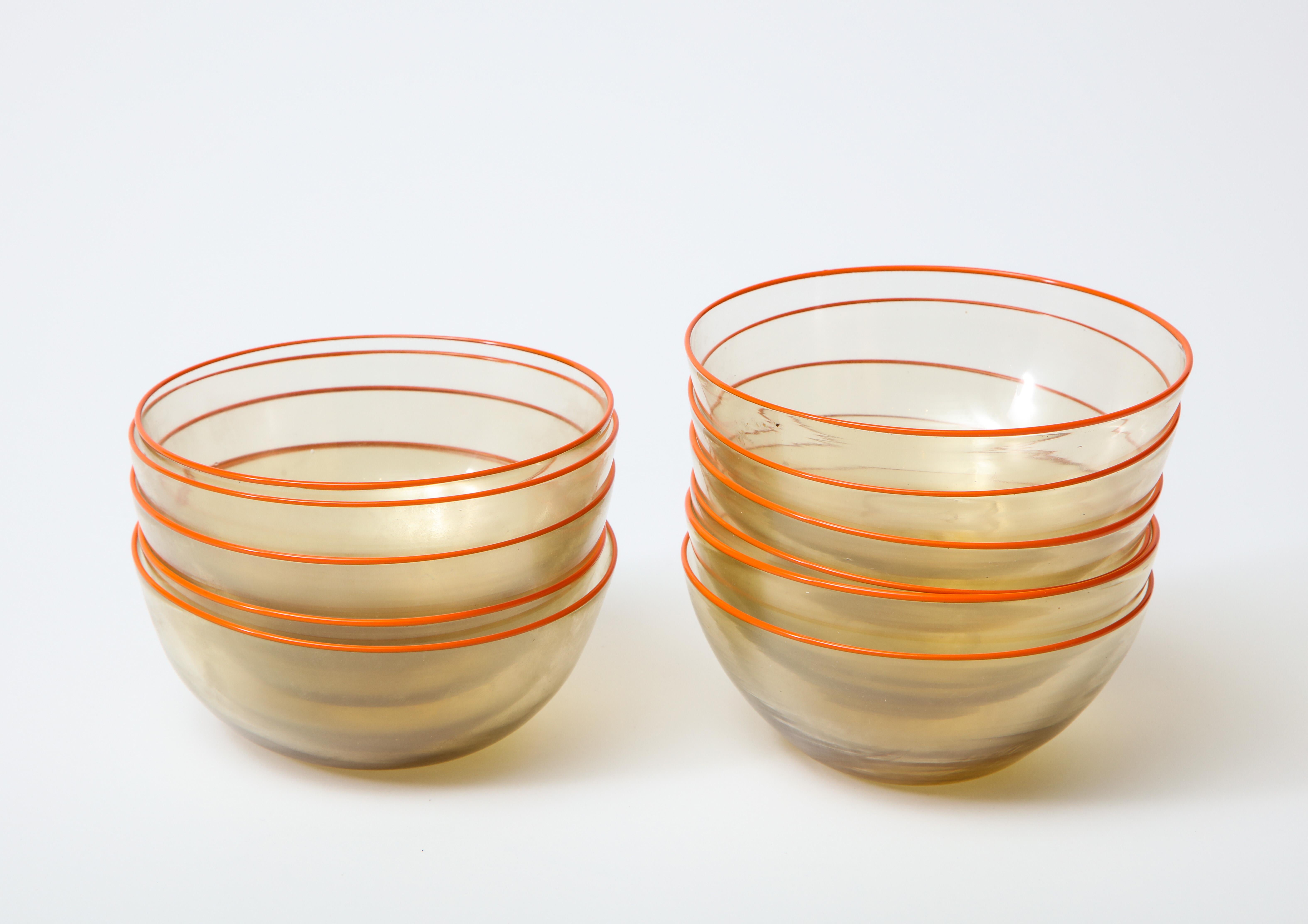 Mid-Century Modern 1940s Murano Clear Glass Bowls with Orange Rim, Set of 11