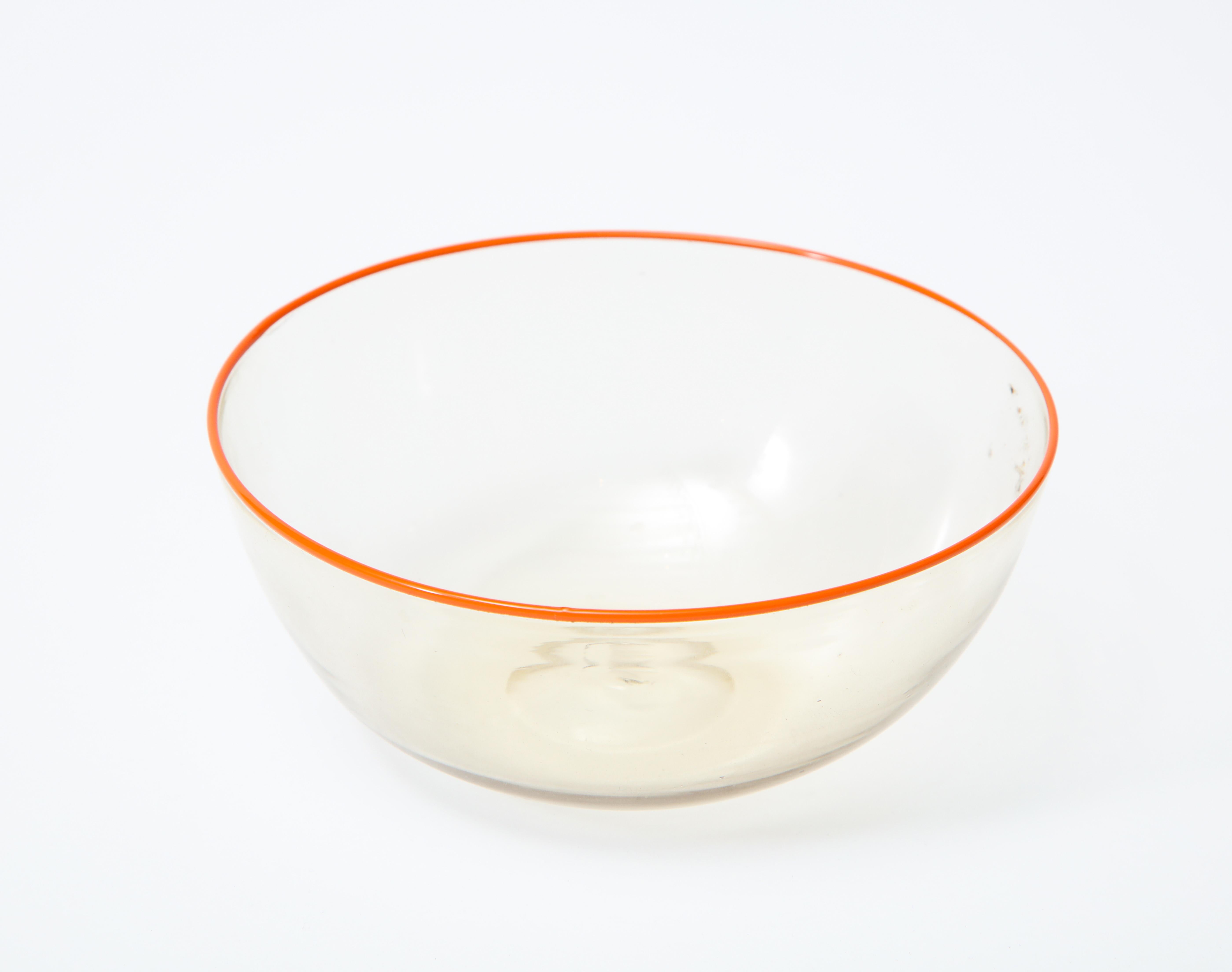 1940s Murano Clear Glass Bowls with Orange Rim, Set of 11 In Good Condition In Chicago, IL