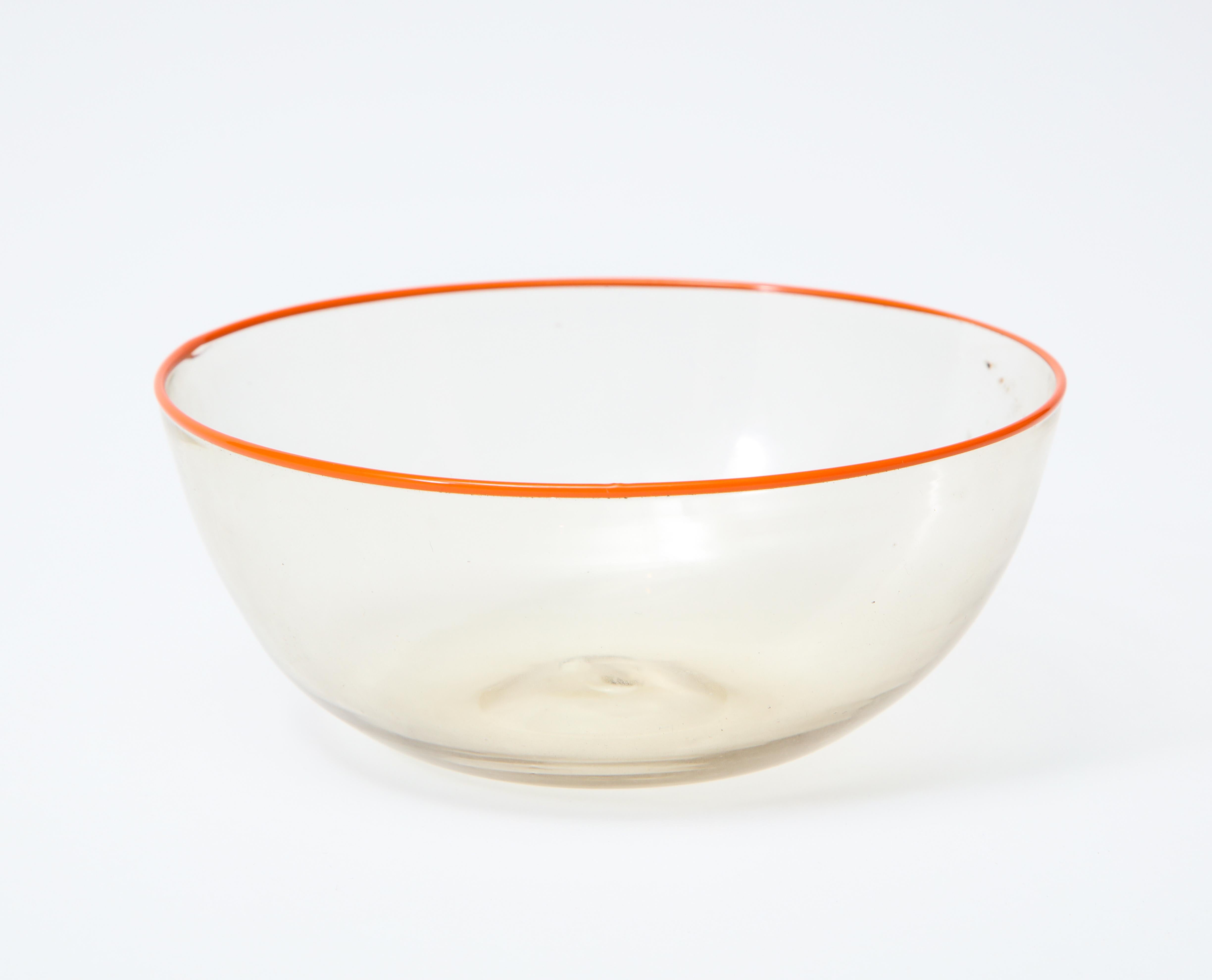 Mid-20th Century 1940s Murano Clear Glass Bowls with Orange Rim, Set of 11