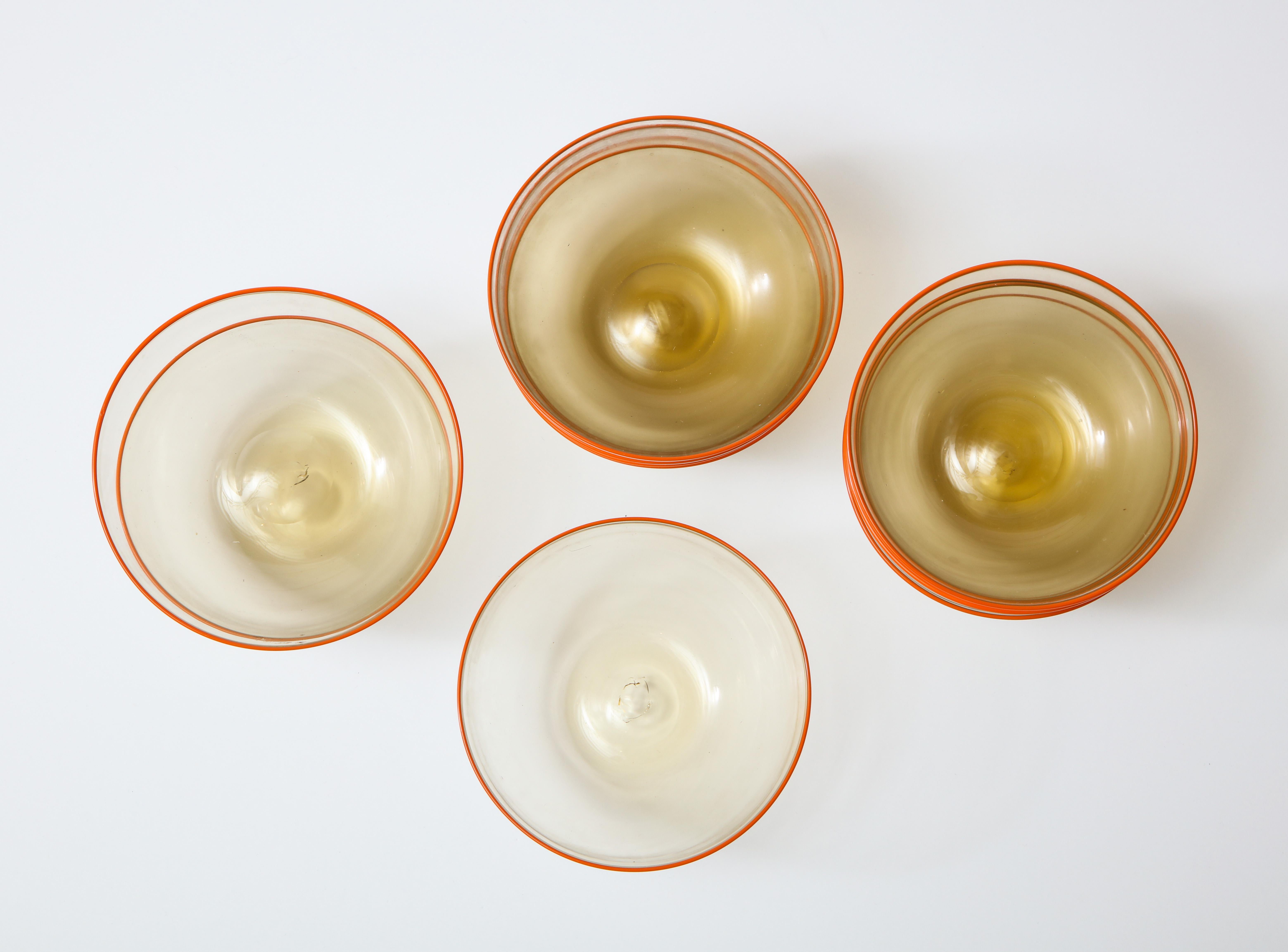 1940s Murano Clear Glass Bowls with Orange Rim, Set of 11 1