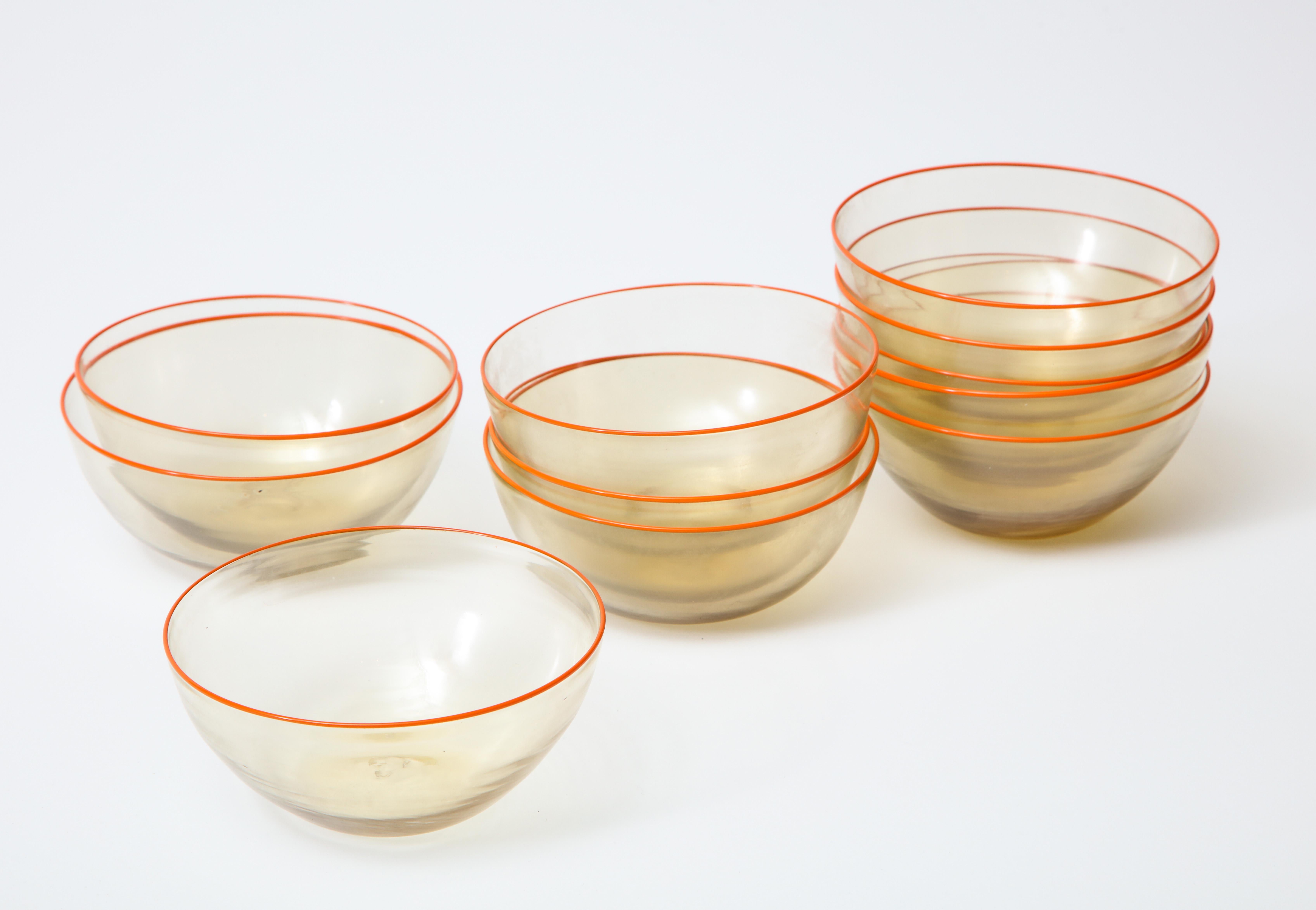 1940s Murano Clear Glass Bowls with Orange Rim, Set of 11 2