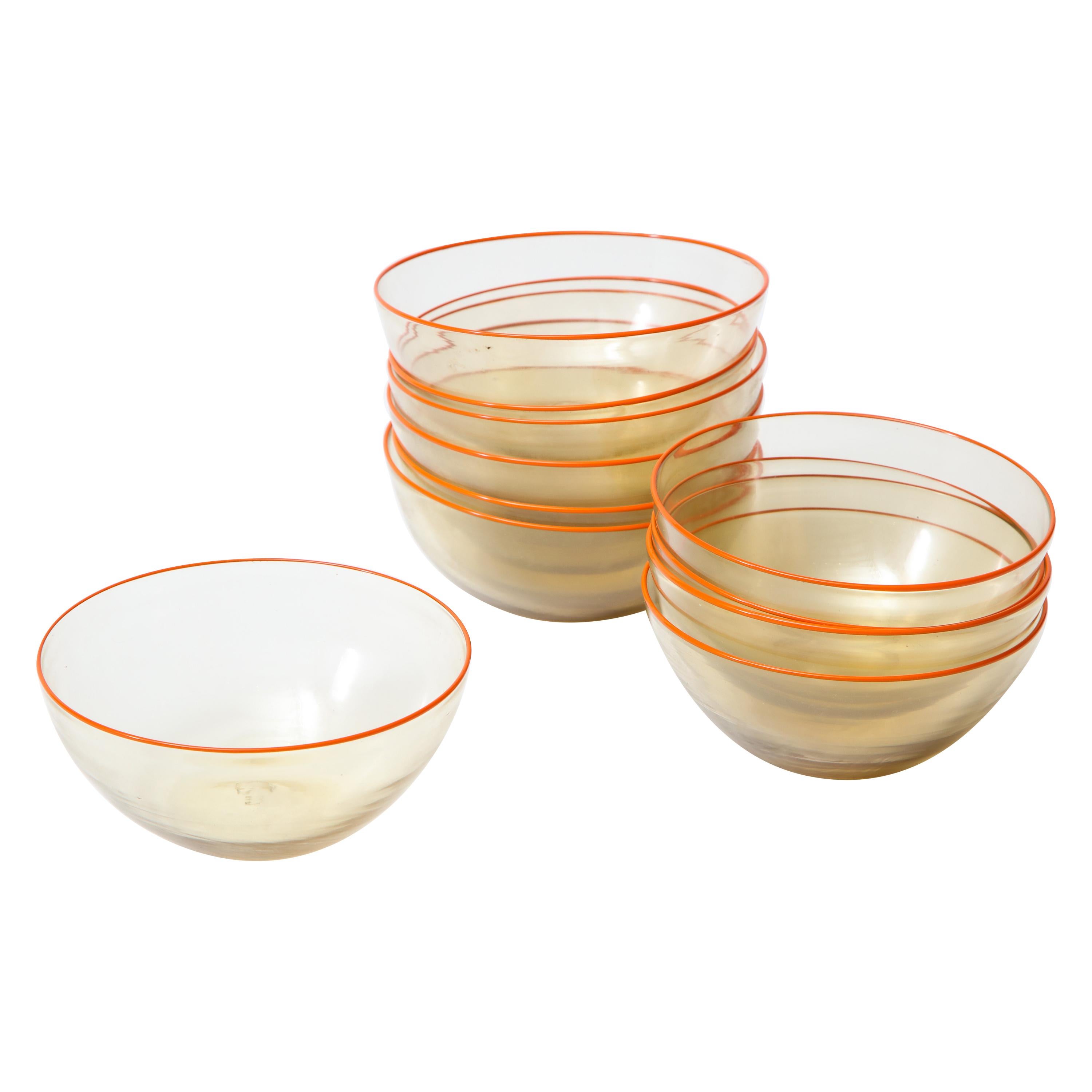 1940s Murano Clear Glass Bowls with Orange Rim, Set of 11