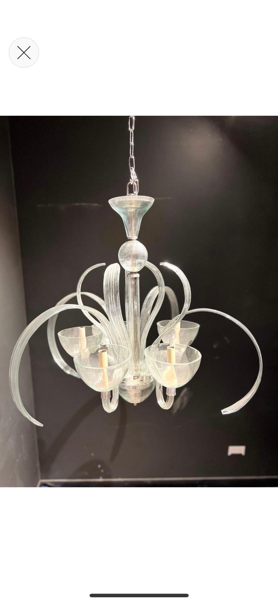 A circa 1940’s Murano clear glass chandelier with 5 lights