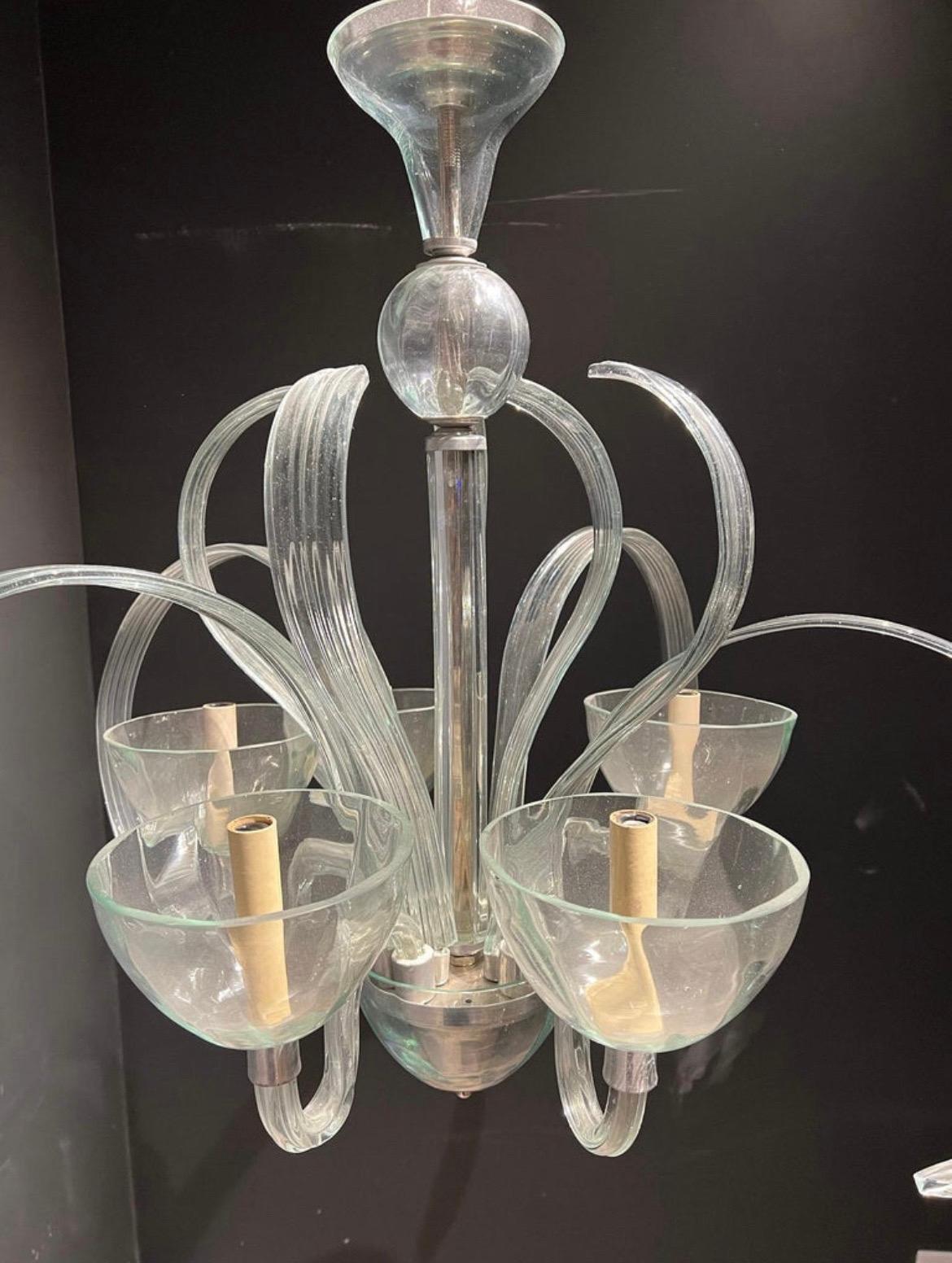 Italian 1940’s Murano Clear Glass Chandelier with 5 Lights For Sale