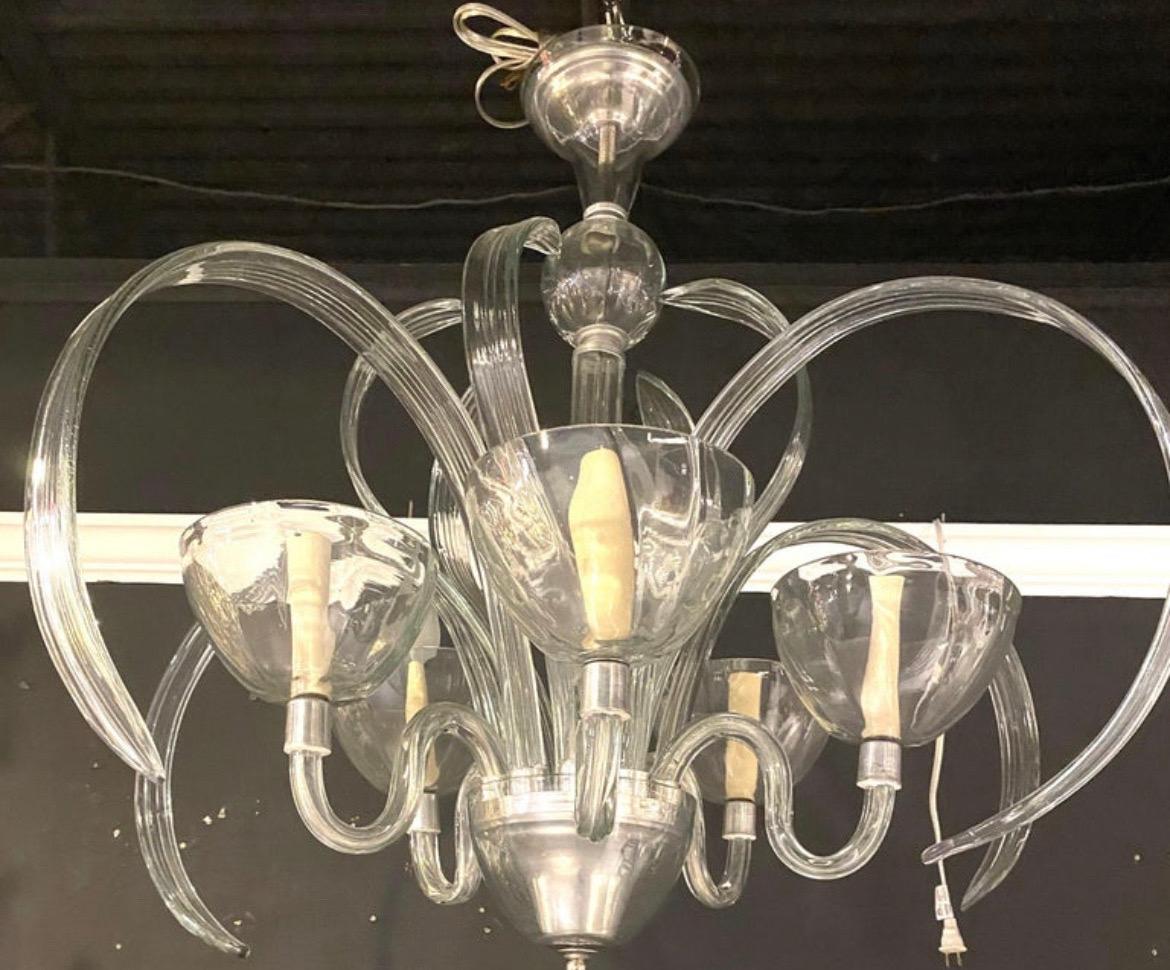 1940’s Murano Clear Glass Chandelier with 5 Lights In Good Condition For Sale In New York, NY
